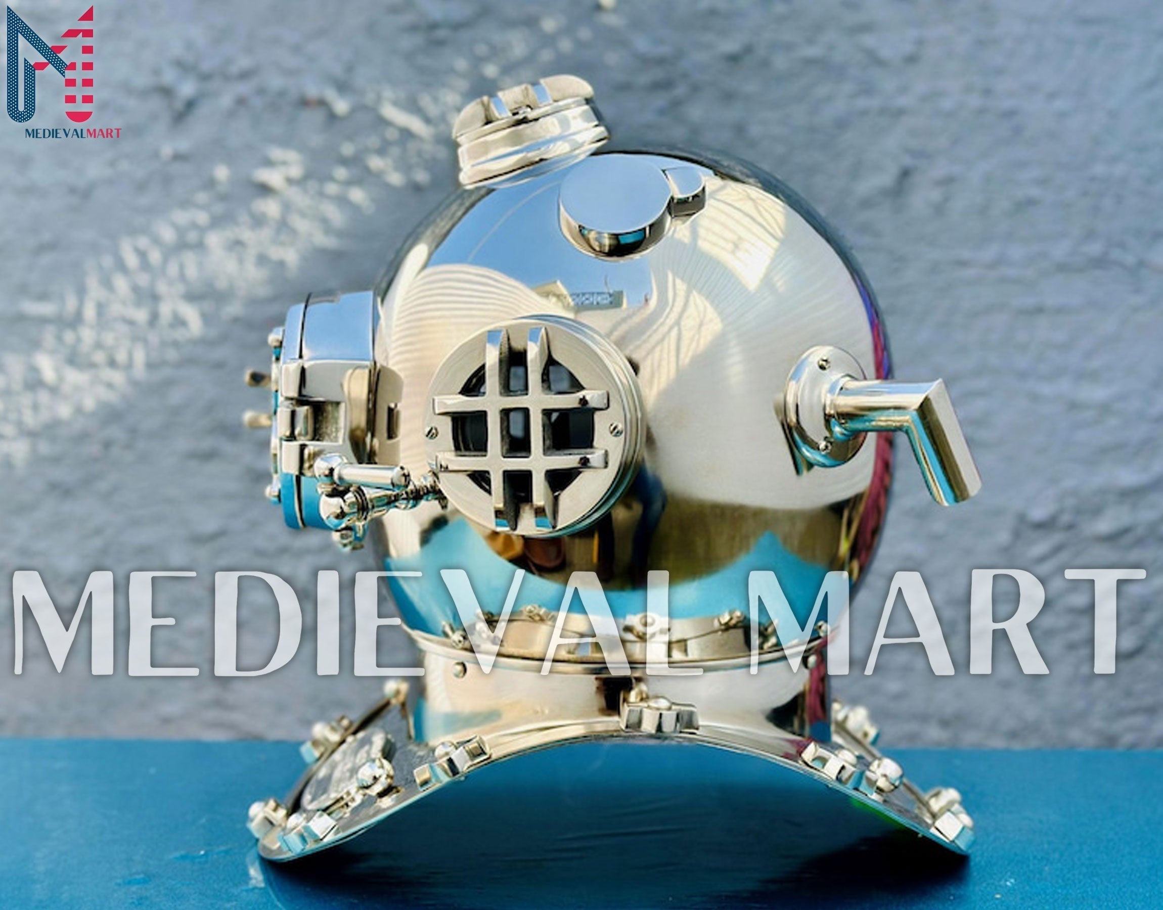 MEDIEVALMART Nautical Chrome Plated Diving Helmet With Wooden Base