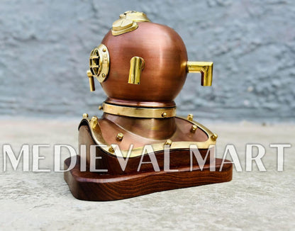 MEDIEVALMART 6"INCH Brown Diving Helmet With Wooden Base