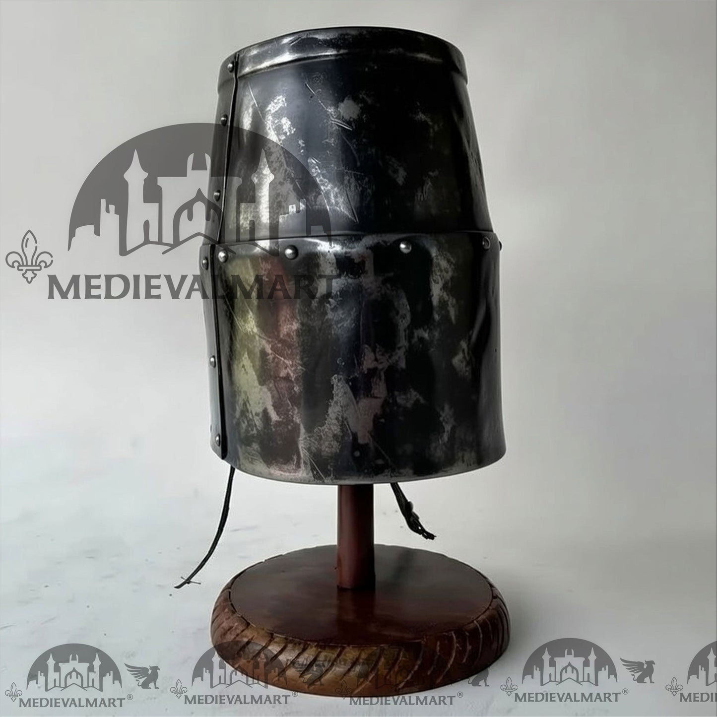 MEDIEVALMART Special Templar Crusader Knight Battle Damage Black Finish Helmet W/H Free Stand