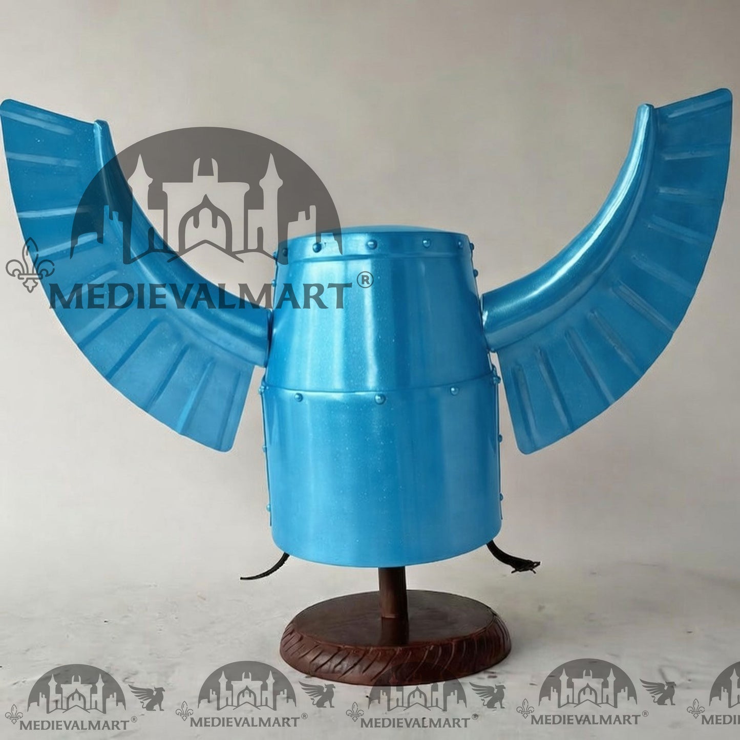 MEDIEVALMART Medieval Templar Warrior Teutonic Aqua Blue Finish Wing Helmet with Free Stand
