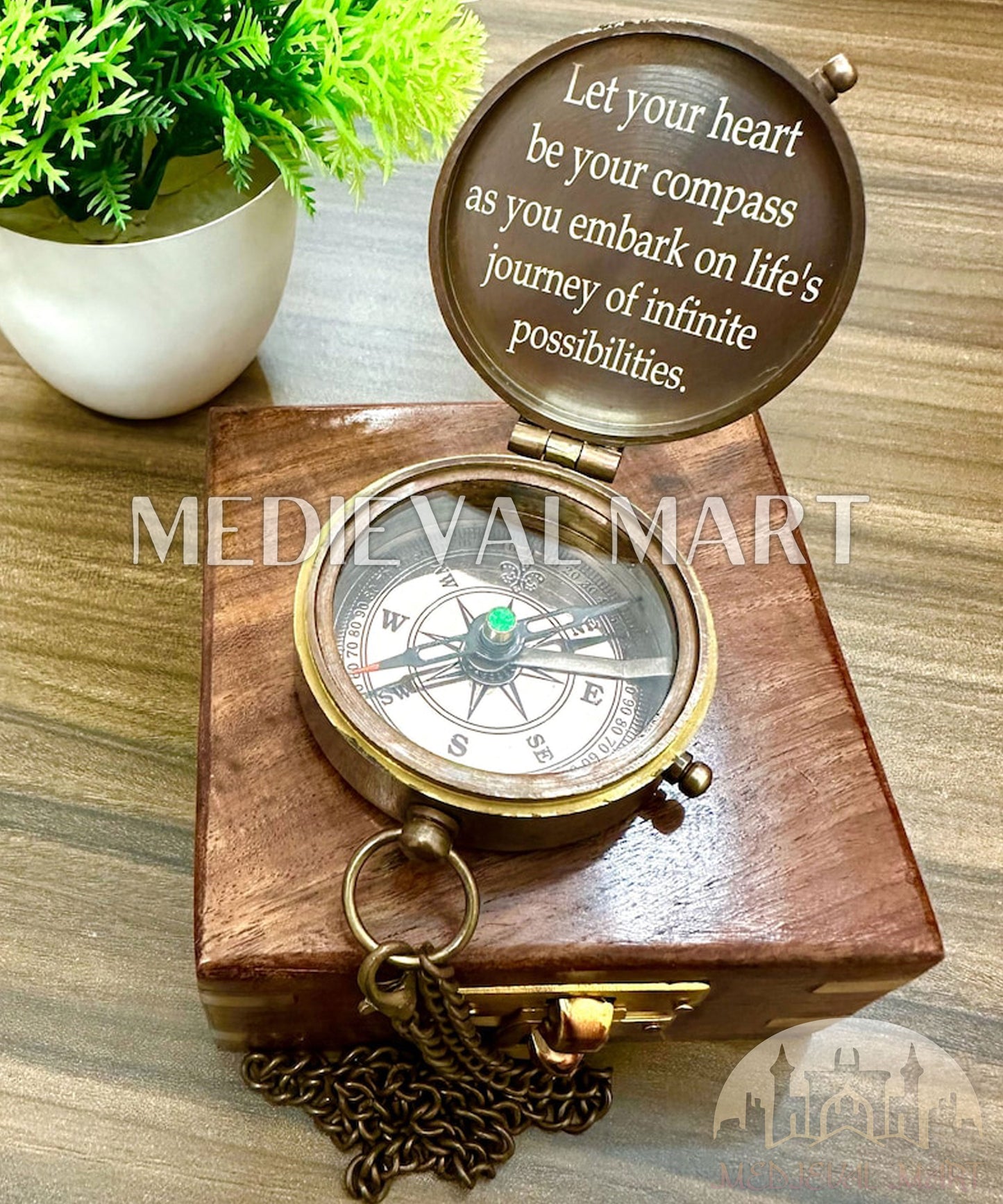 MEDIEVALMART Nautical 100 Years Colander Pirates Compass Gold Finish W/H Leather Case | Gift For Dad