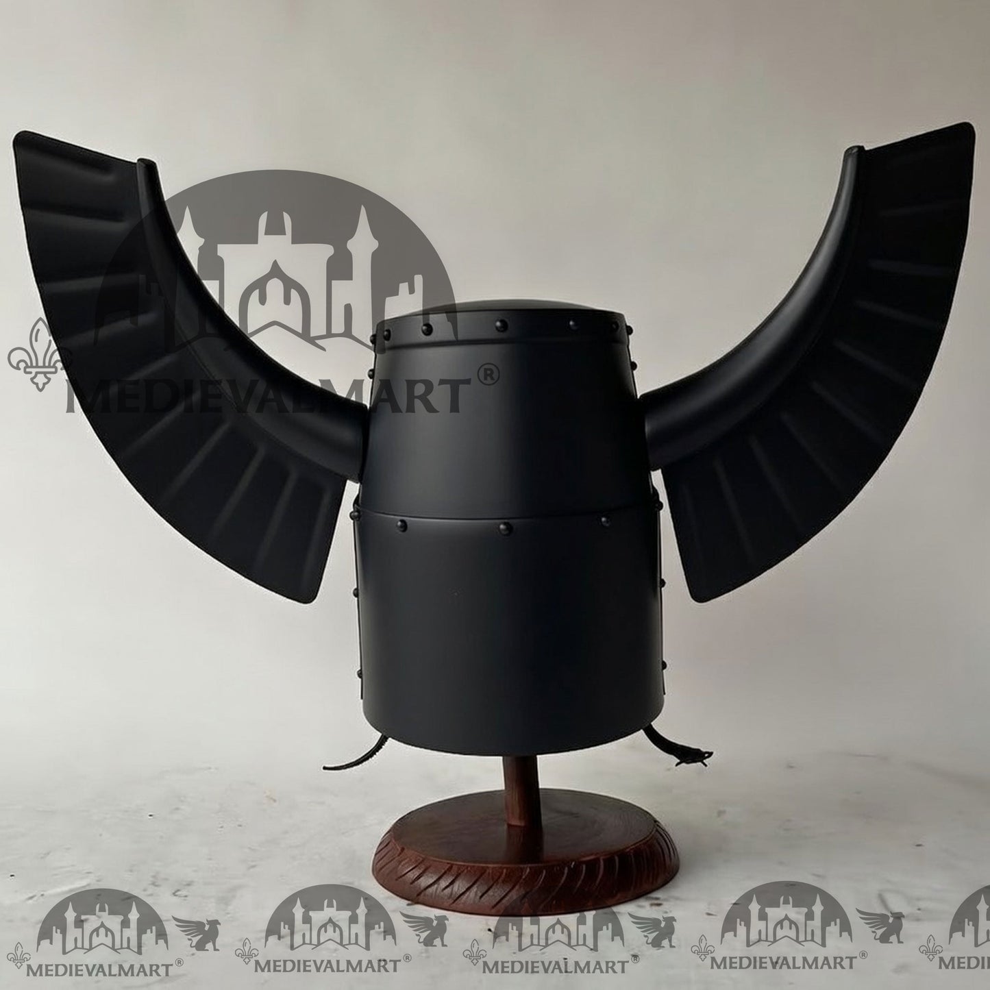 MEDIEVALMART Medieval Templar Warrior Teutonic Wing Helmet Black Finish with Free Stand