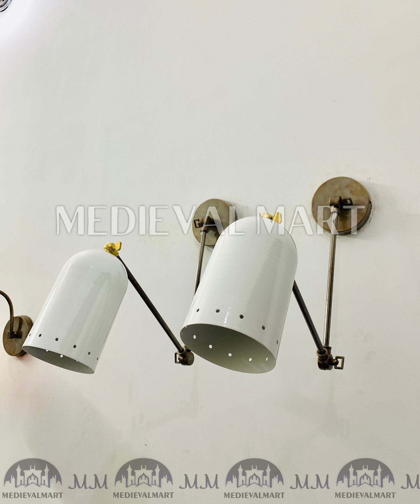 MEDIEVALMART Mid Century Italian Brass Diabolo Wall Sconce Pair - White 1950s Lighting