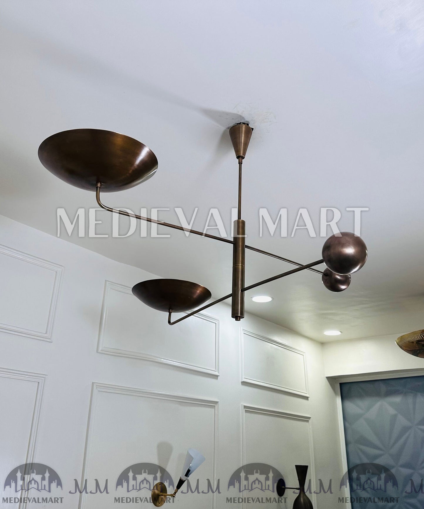 MEDIEVALMART Antique Italian Brass Mid Century Modern Chandelier | 2-Light Counterweight Fixture