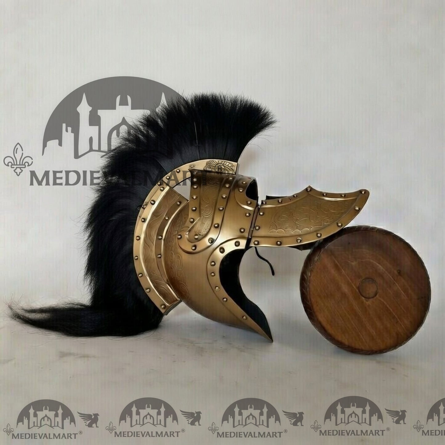 MEDIEVALMART Medieval Roman Centurion Gold Finish Helmet with Black Plume or Free Wooden Stand