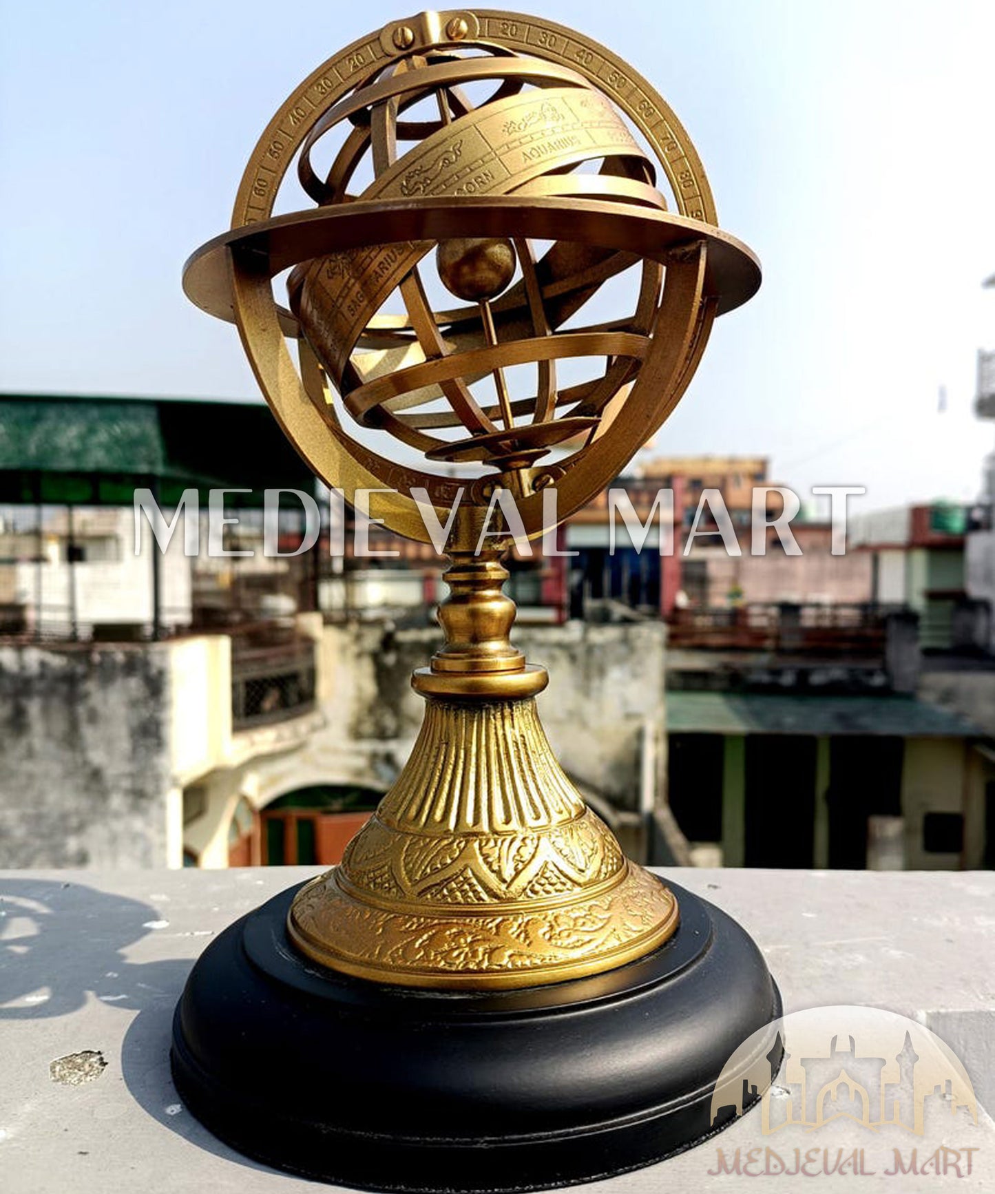 MEDIEVALMART Handmade Engraved Brass Armillary Sphere with Wooden Base – Nautical Globe Decor