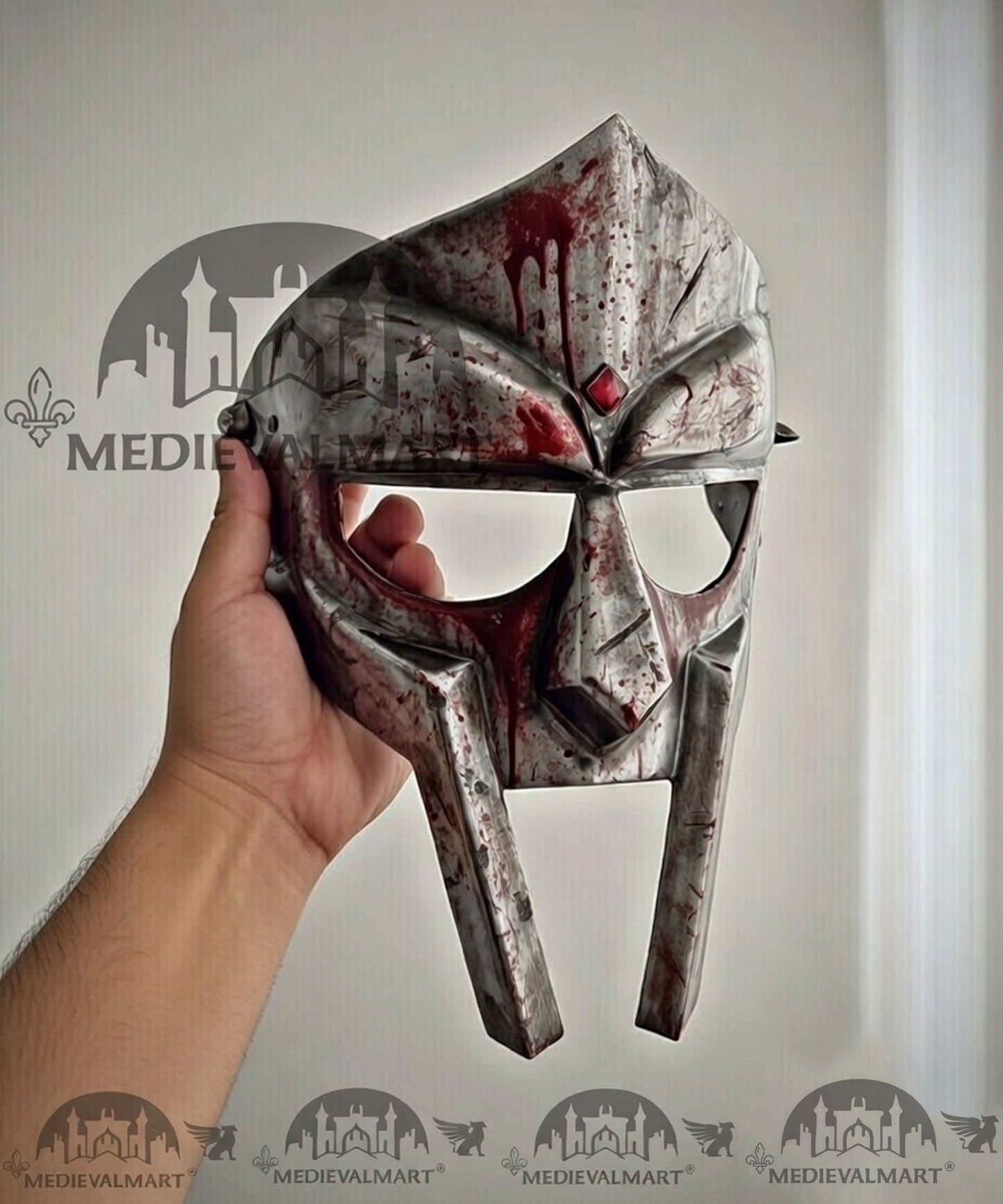 MEDIEVALMART PREMIUM MF DOOM Mask Mad Villain Battle Damage Silver Finish Steel Face Armor