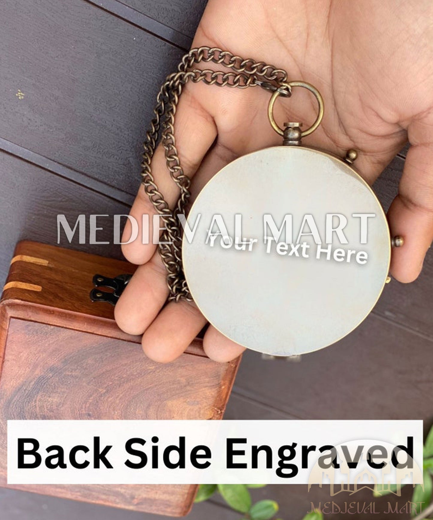 MEDIEVALMART Custom Engrave Nautical Sun Clock Adventure Compass Gold Finish W/H Gen-1 Wooden Case | Gift For Mom