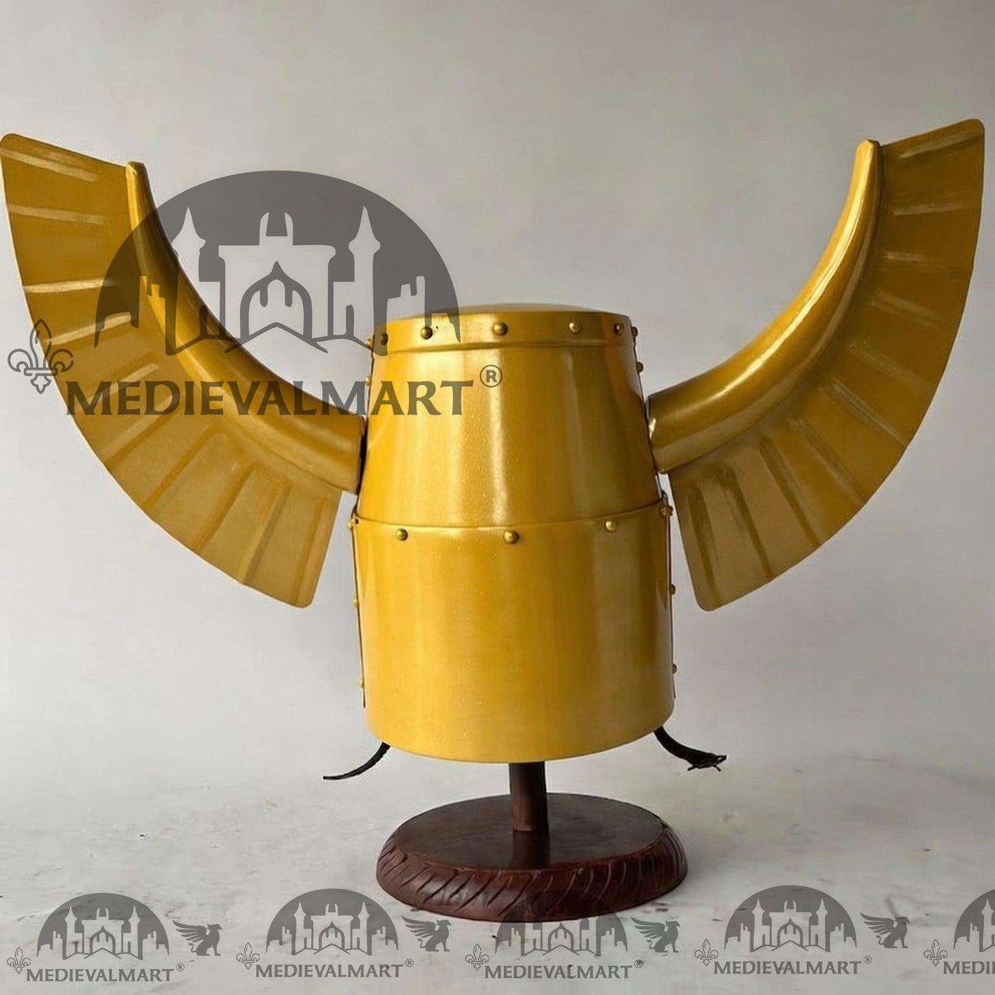 MEDIEVALMART Medieval Templar Warrior Teutonic Yellow Finish Wing Helmet with Free Stand