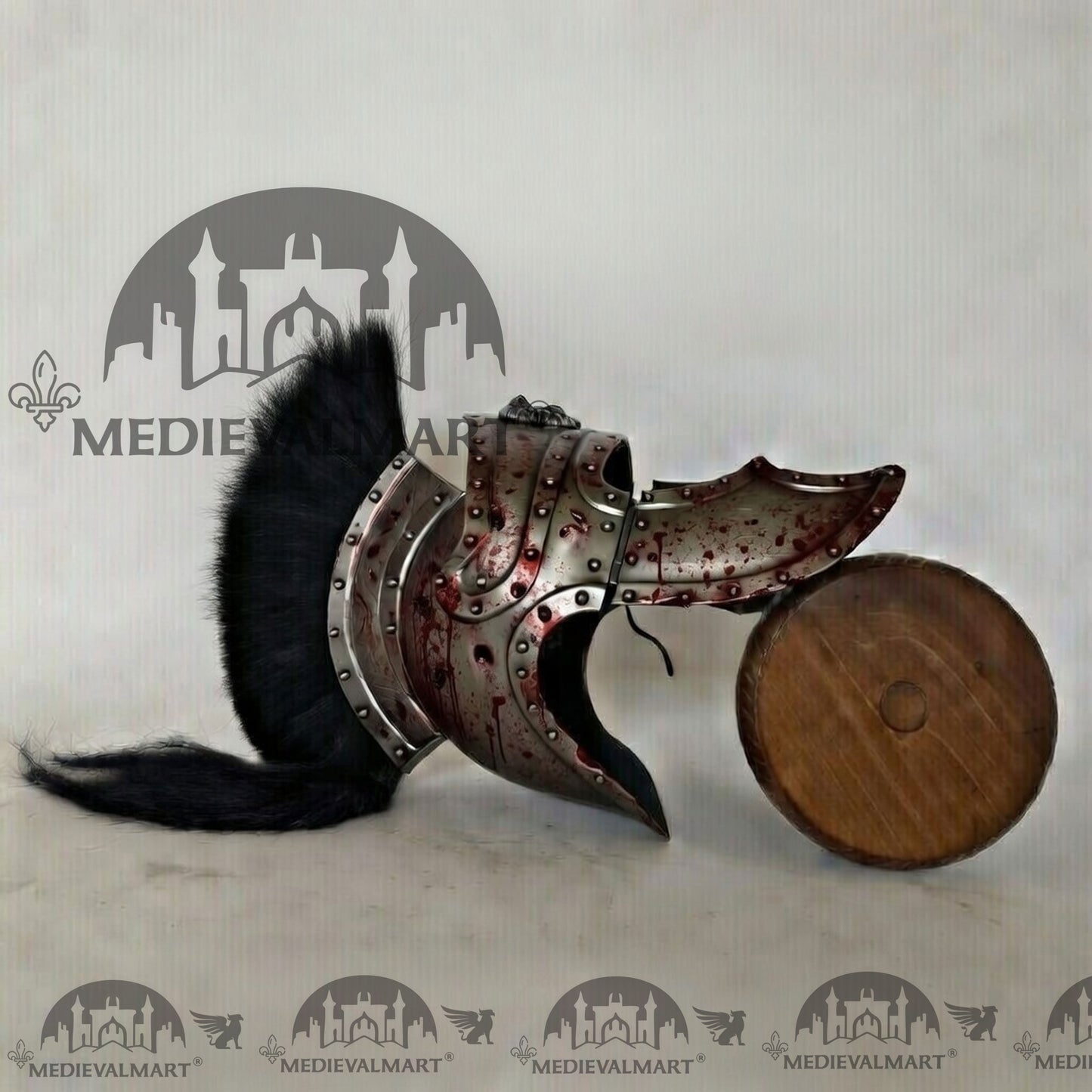 MEDIEVALMART Medieval Roman Centurion Silver Battle Damage W/H Blood Finish Helmet with Black Plume or Free Wooden Stand