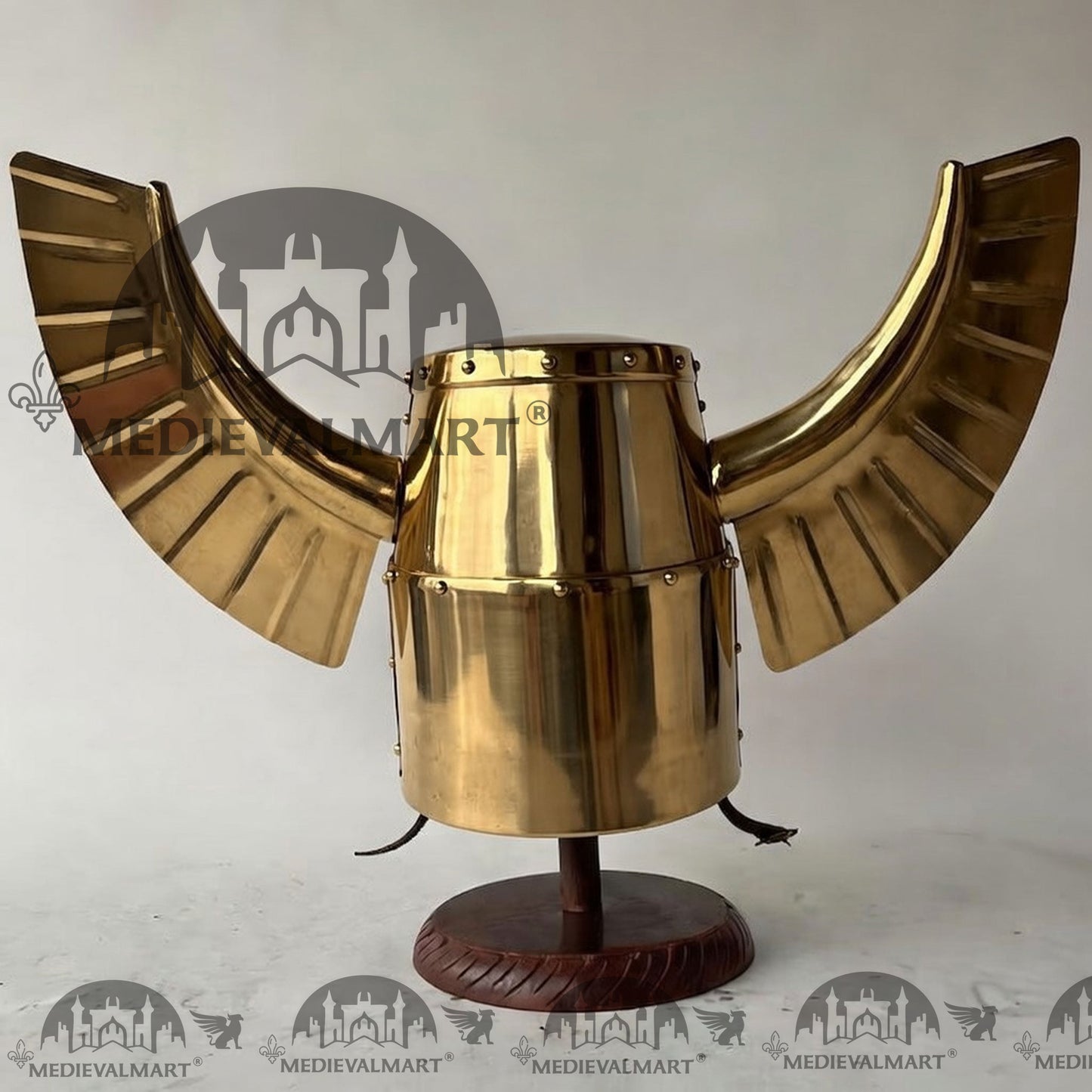 MEDIEVALMART Medieval Templar Warrior Teutonic Wing Helmet Gold Finish with Free Stand