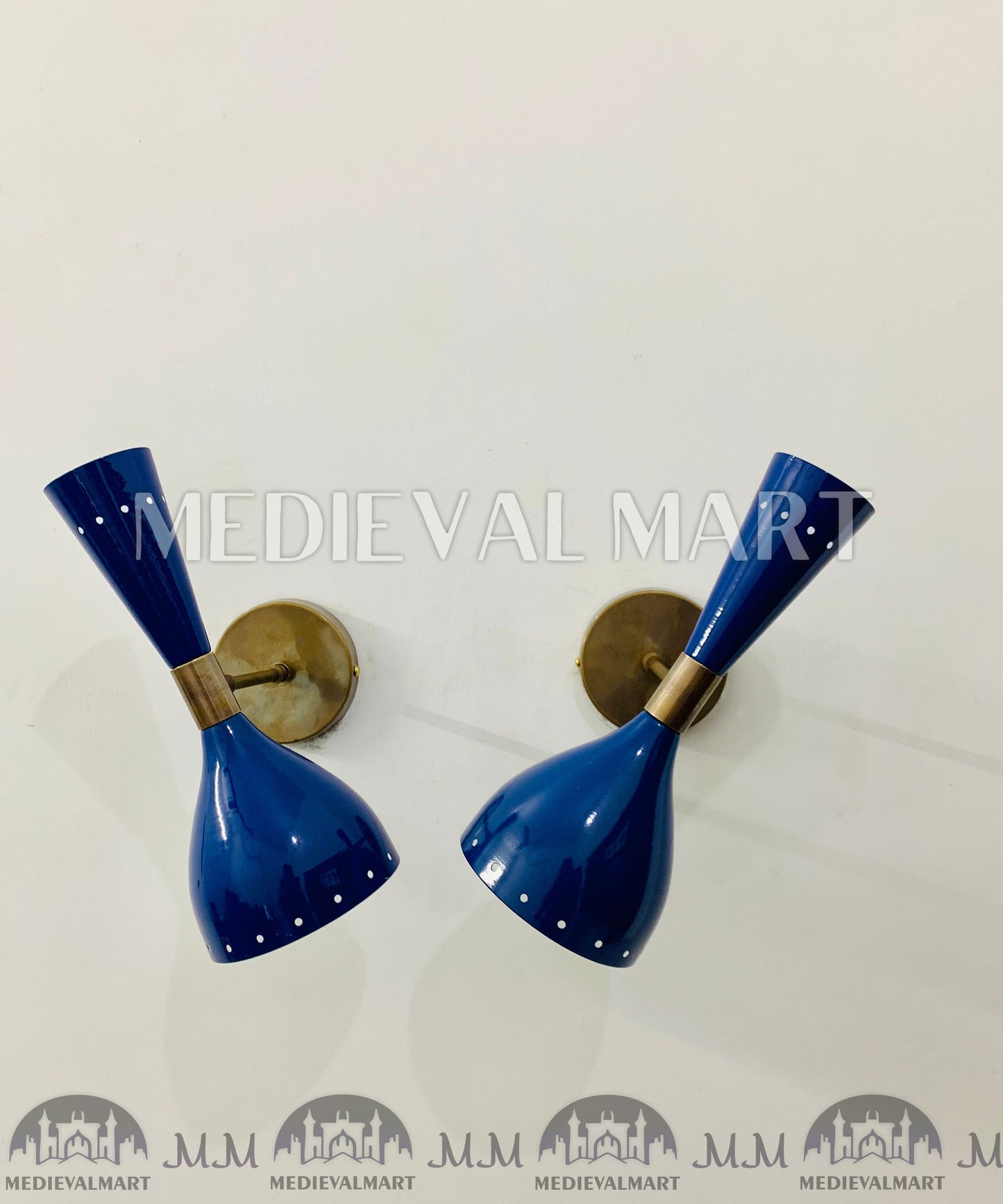 MEDIEVALMART Italian Brass Wall Sconce: Mid Century Modern Shiny Blue Light Fixture
