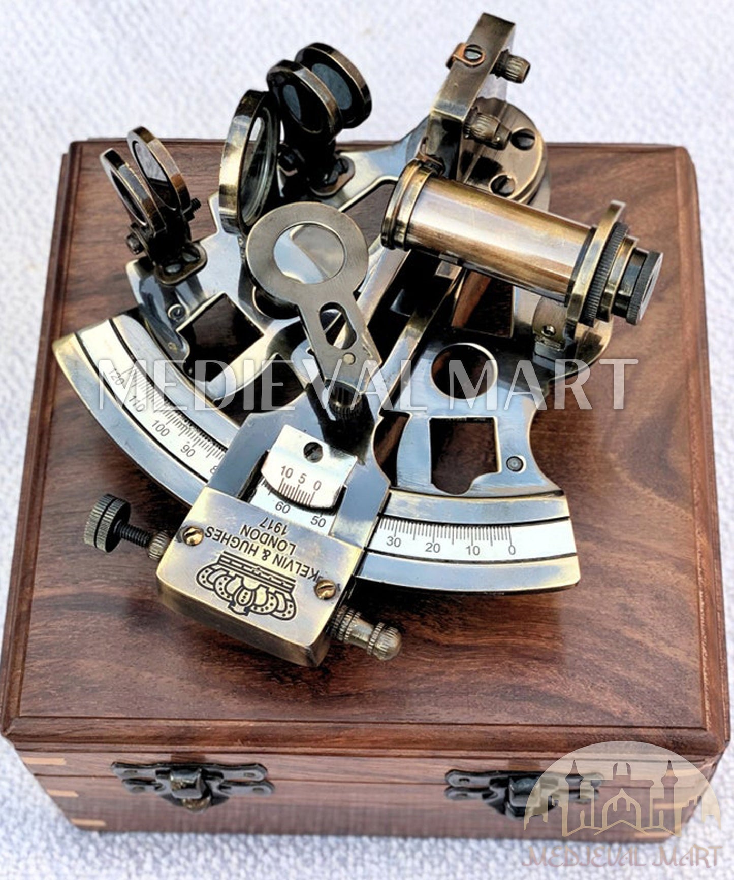 MEDIEVALMART Nautical Kelvin & Huges London 1917 Working Sextant W/H Wooden Box | Antique Maritime Navigational Instrument, Christmas Gifts