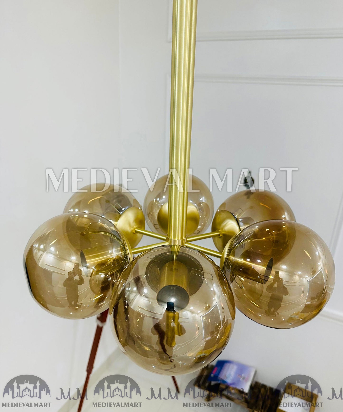 MEDIEVALMART Handmade Brass 6-Arm Glass Ball Chandelier Mid-Century Modern Light