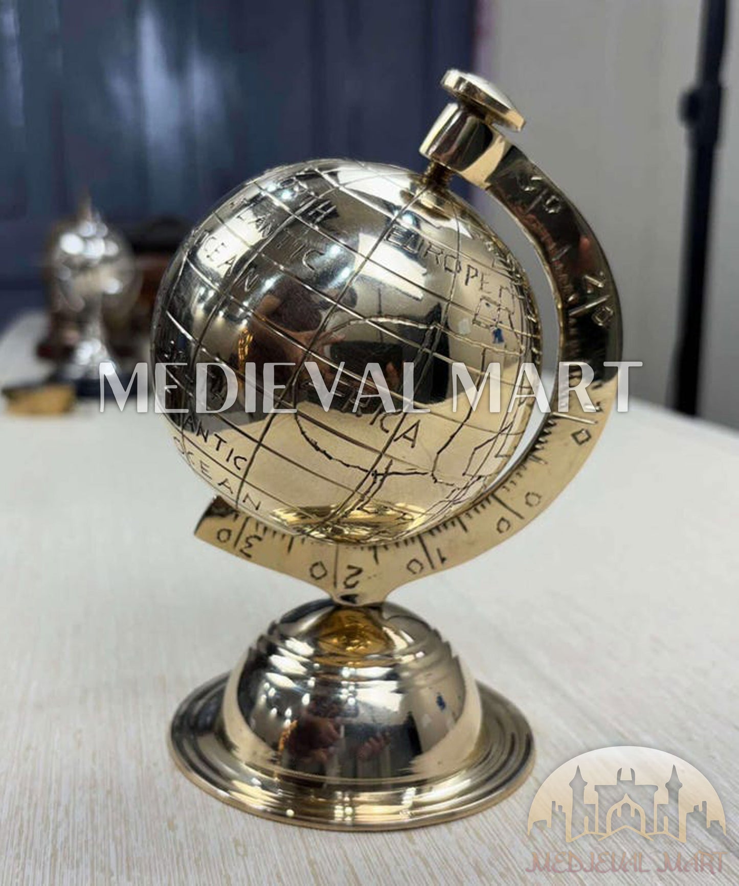MEDIEVALMART Handmade Solid Brass World Globe: Etched Map, Rotating Desk Decor Gift for Christmas Day