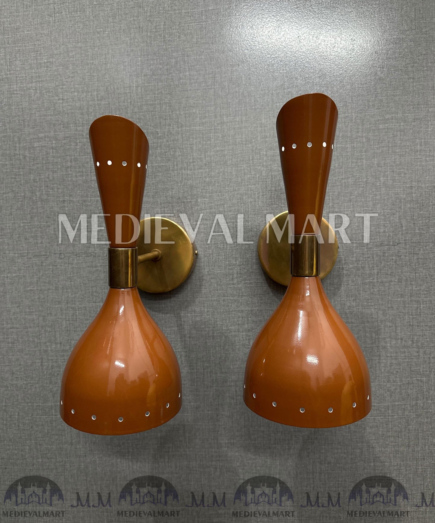 MEDIEVALMART Brass Double Cone Sconce Brown Wall Lamp, Handmade Vanity Light