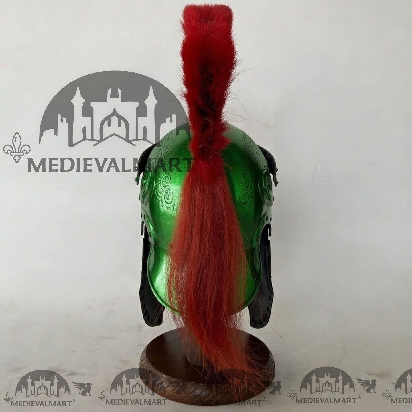 MEDIEVALMART Medieval Roman Centurion Green Finish Helmet with Red Plume or Free Wooden Stand