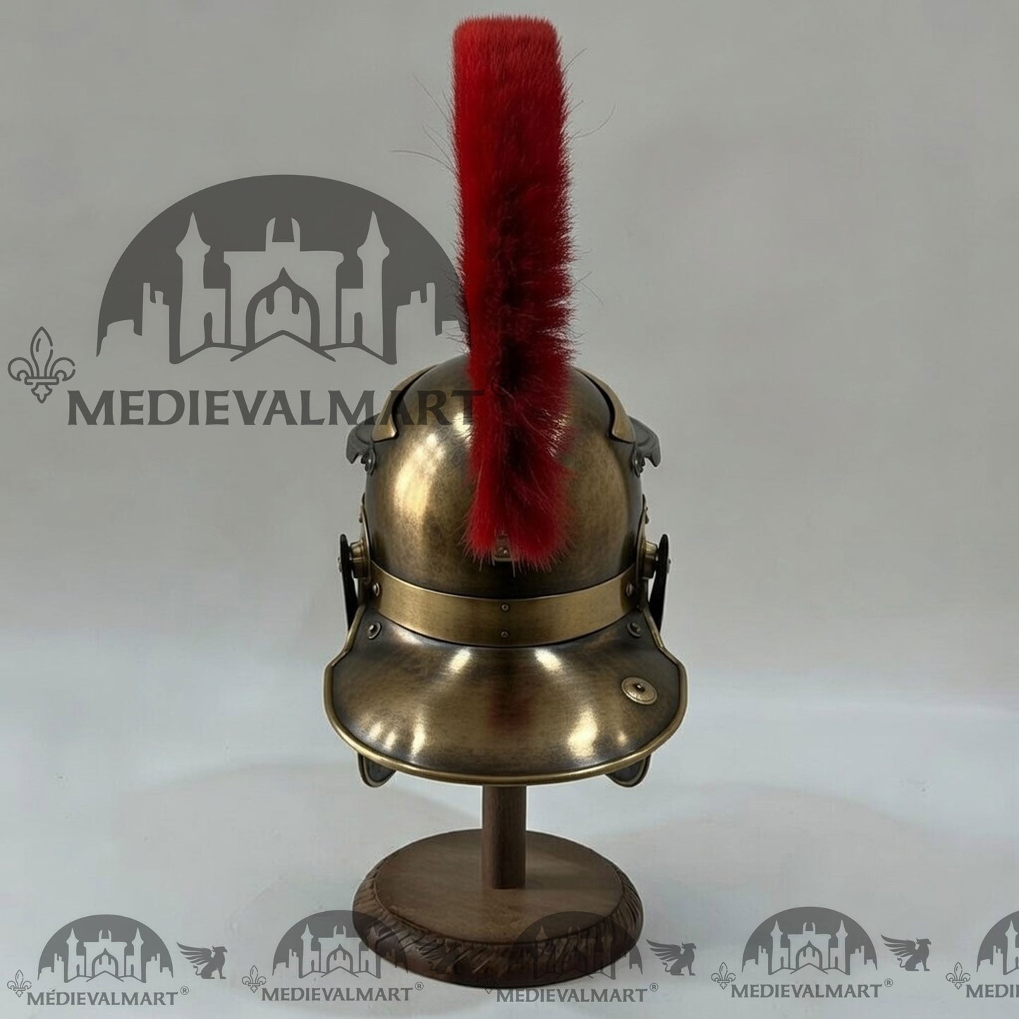 MEDIEVALMART Gallic Roman Centurion Antique Gold Finish Helmet Replica Red Plume with Free Stand