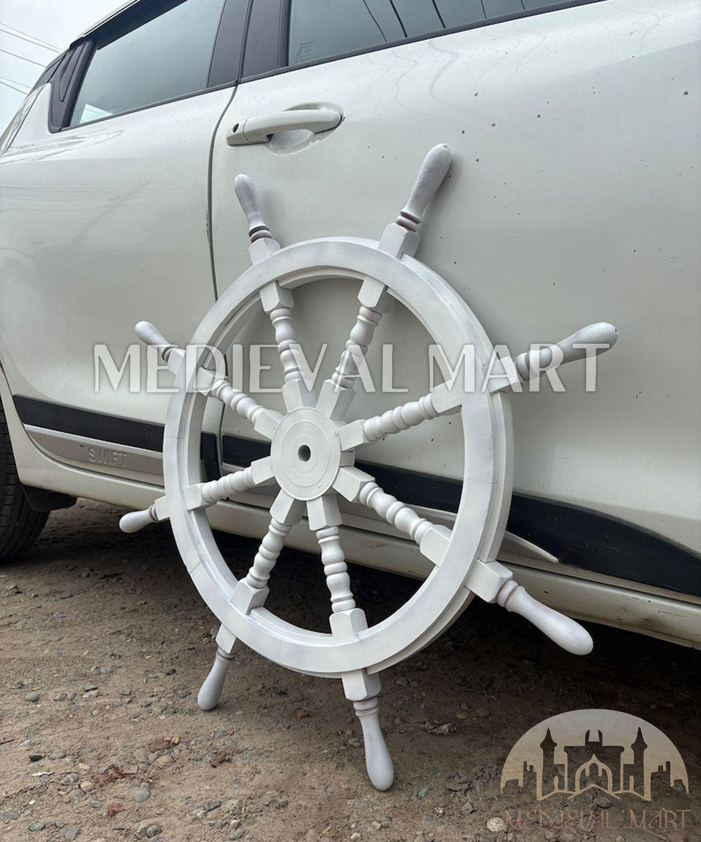 MEDIEVALMART Nautical Wooden "White" Ship Wheel for Wall Decor