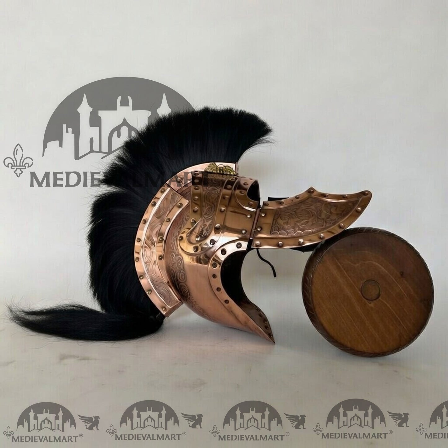 MEDIEVALMART Medieval Roman Centurion Copper Finish Helmet with Black Plume or Free Wooden Stand