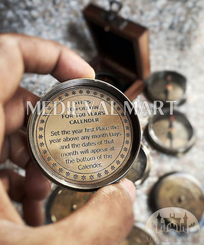 MEDIEVALMART Antique Finish “100 Years Calendar” Engraved Compass W/H “VintageVault” Case | Gift For Dad, Gift For Mom