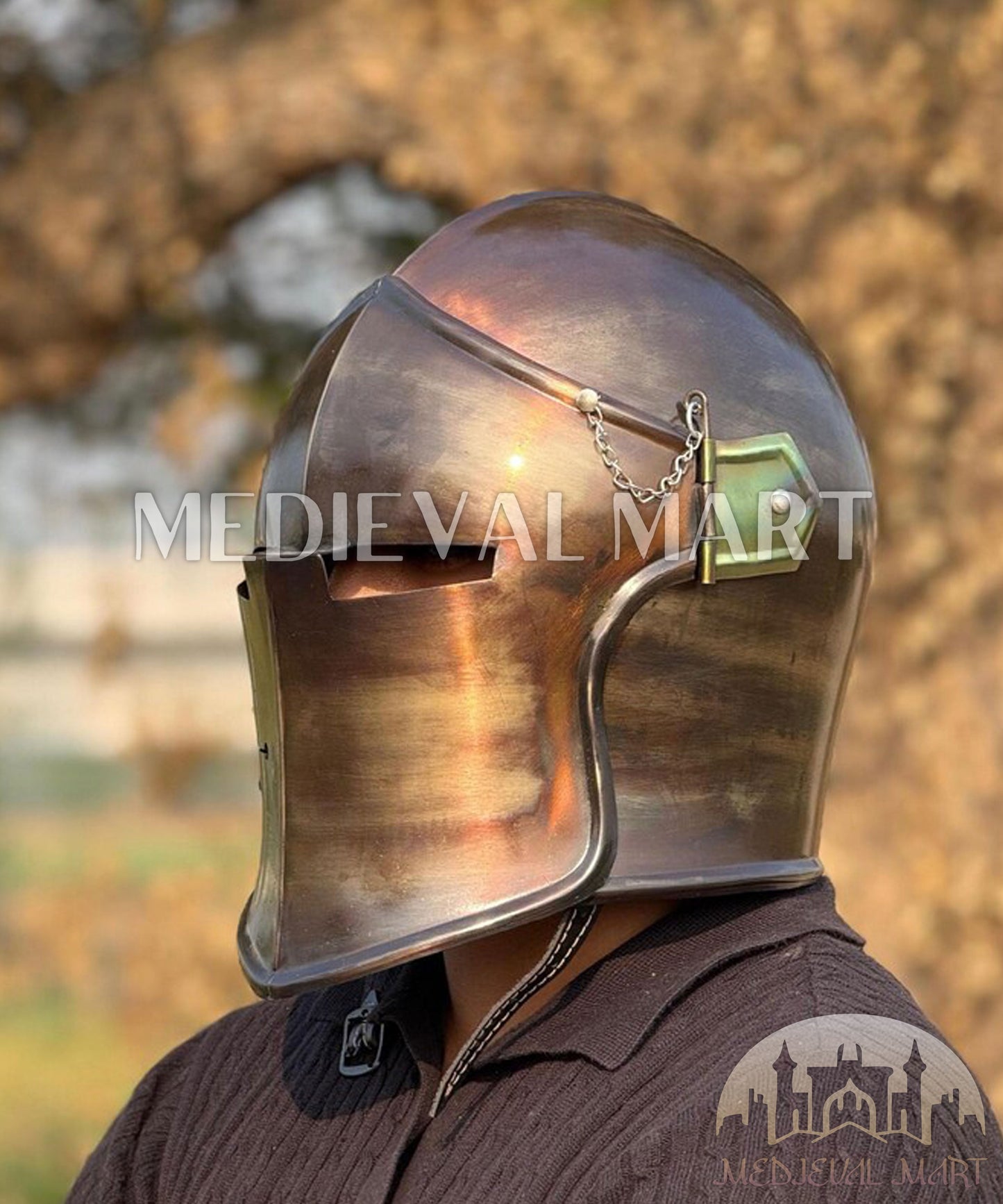 MEDIEVALMART Medieval Knight Armor 18g Mild Steel Burnished Antique Finish Barbuta Helmet for LARP or Cosplay - Gift For Dad