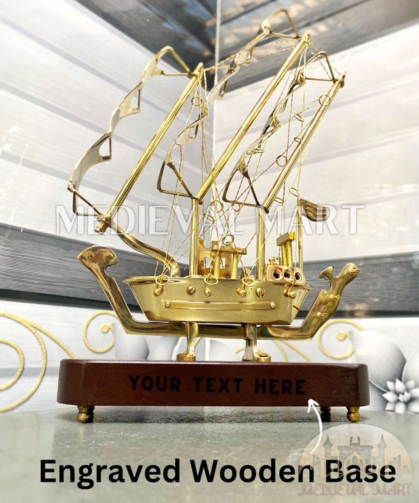 MEDIEVALMART Nautical Shiny Brass Decorative Ship W/H Wooden Base | Showpiece Royal Navy 3 Mast Model Perfect, Christmas Gifts