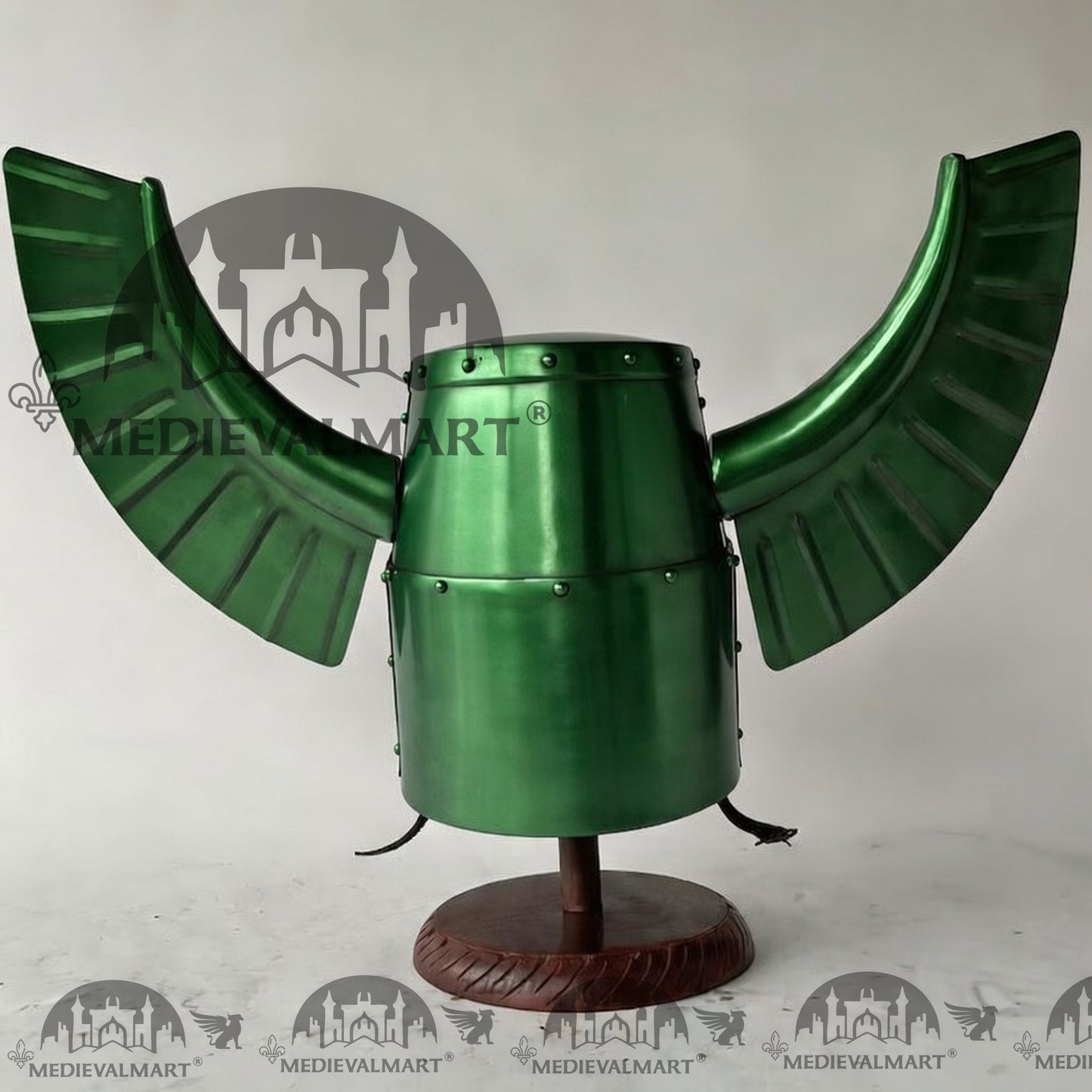 MEDIEVALMART Medieval Templar Warrior Teutonic Green Finish Wing Helmet with Free Stand