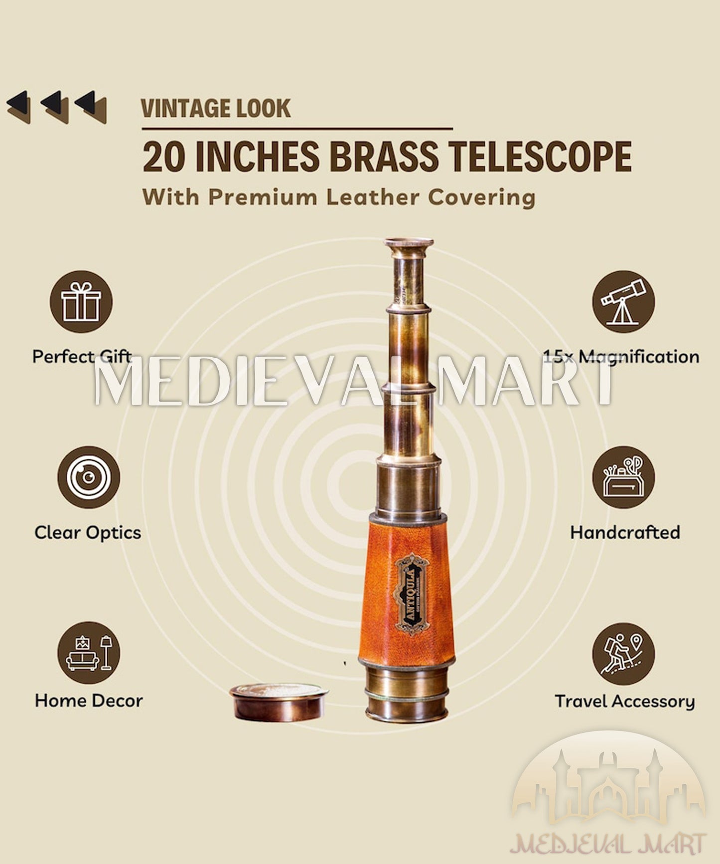 MEDIEVALMART Brass Pirate Telescope: 20-Inch Spyglass, 15X Magnification Gift for Christmas