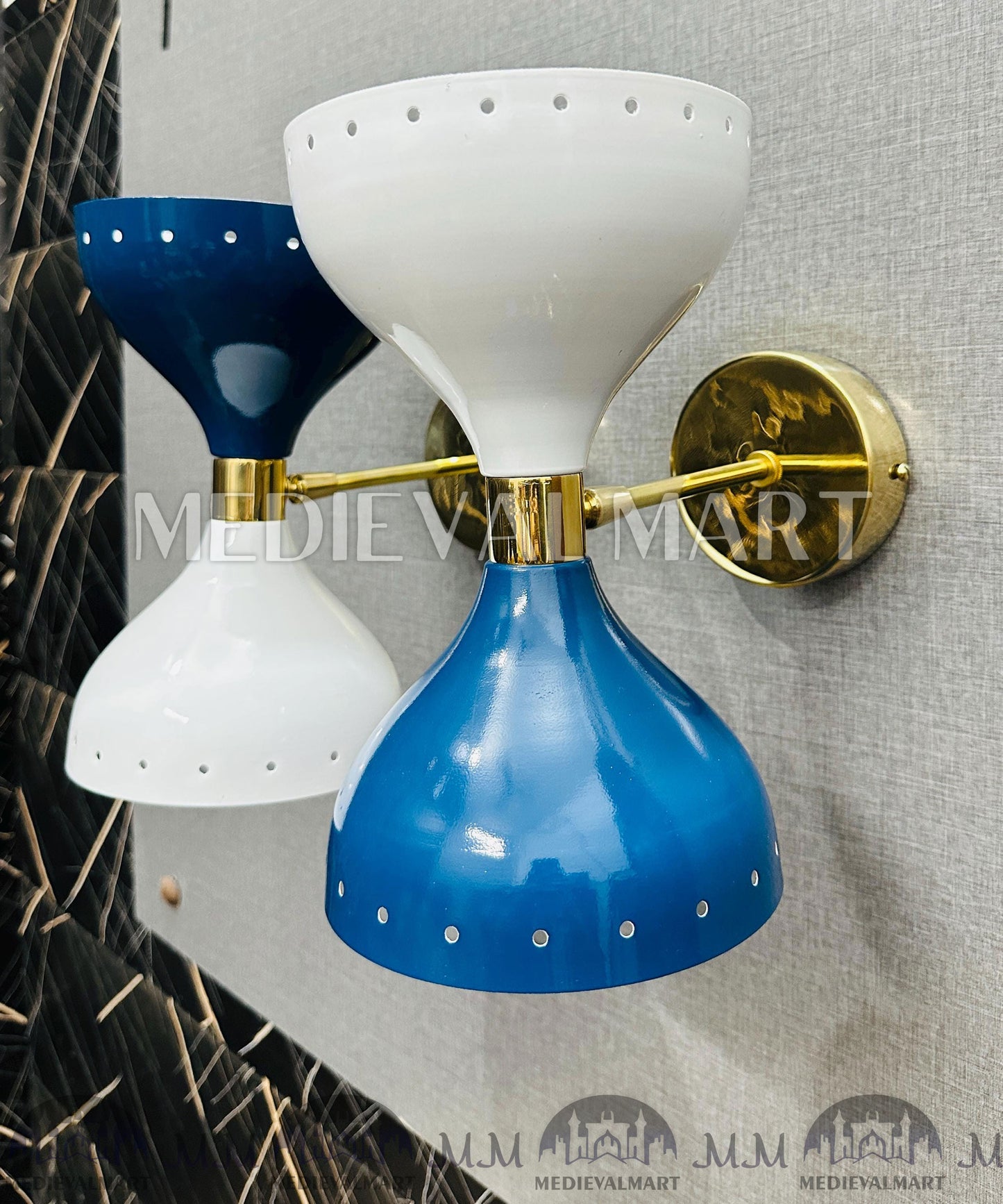 MEDIEVALMART Mid-Century Modern Diabolo Wall Sconces: Blue & White Brass Accent Lights (Pair)