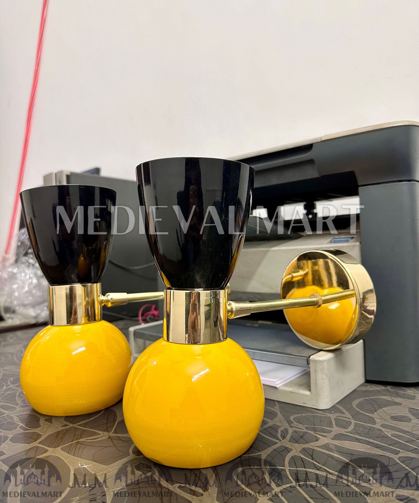 MEDIEVALMART Mid Century Italian Diabolo Wall Sconce Pair: Marigold & Black Bedside Lamps