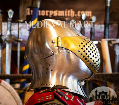 MEDIEVALMART British Ancient Battle Ready Warrior Bicoque Kasten-brust Helmet with Brass Face Mask