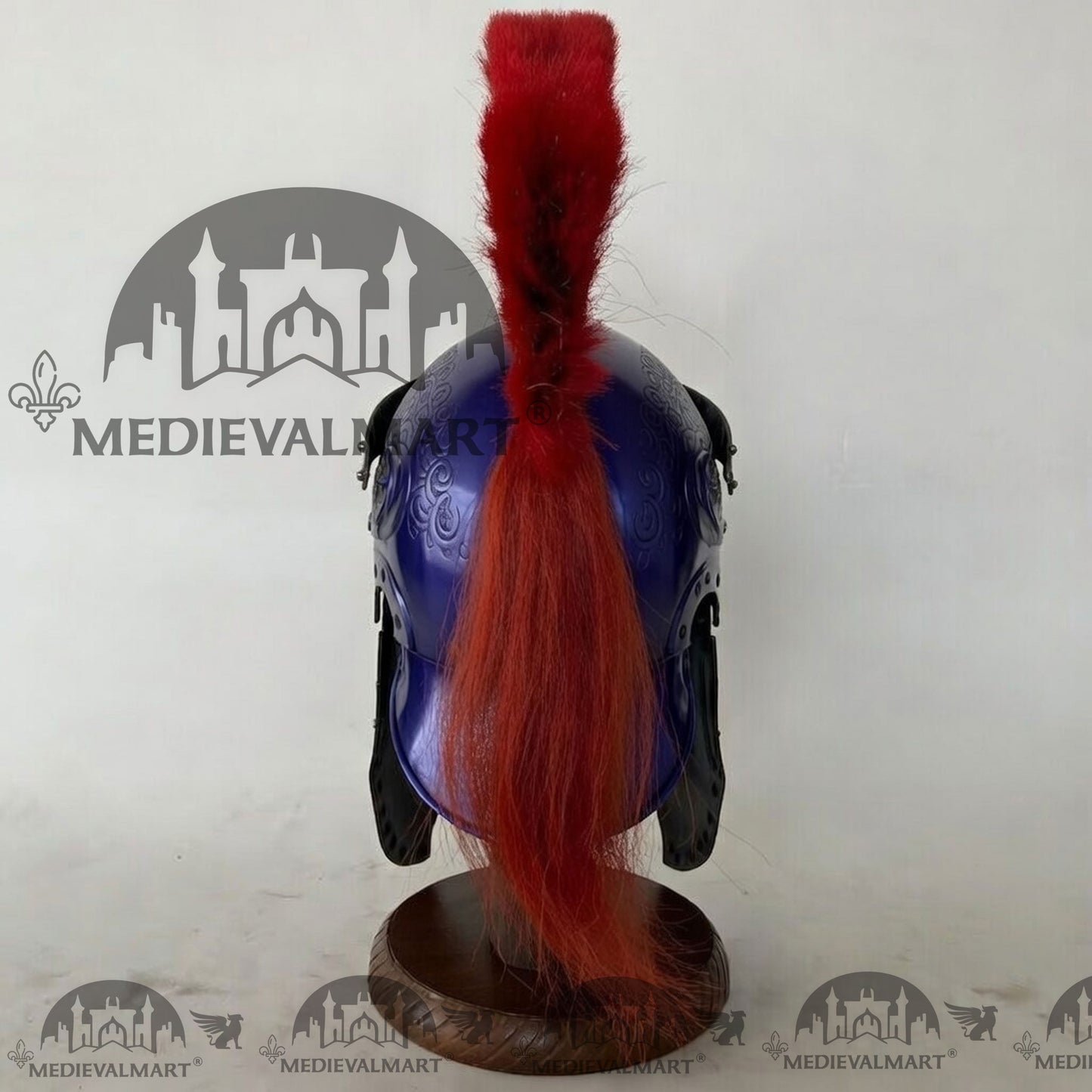 MEDIEVALMART Medieval Roman Centurion Blue Finish Helmet with Red Plume or Free Wooden Stand