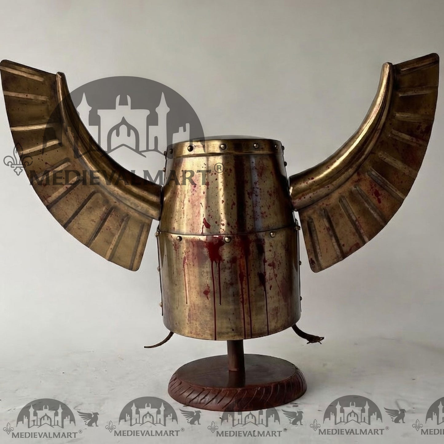 MEDIEVALMART Medieval Templar Warrior Teutonic Damage Gold W/H Blood Finish Finish Wing Helmet with Free Stand