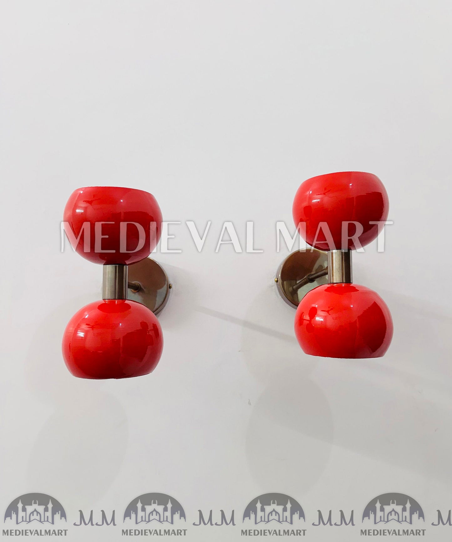 MEDIEVALMART Pair of Red Diabolo Wall Sconces: Mid-Century Italian Brass Fixture