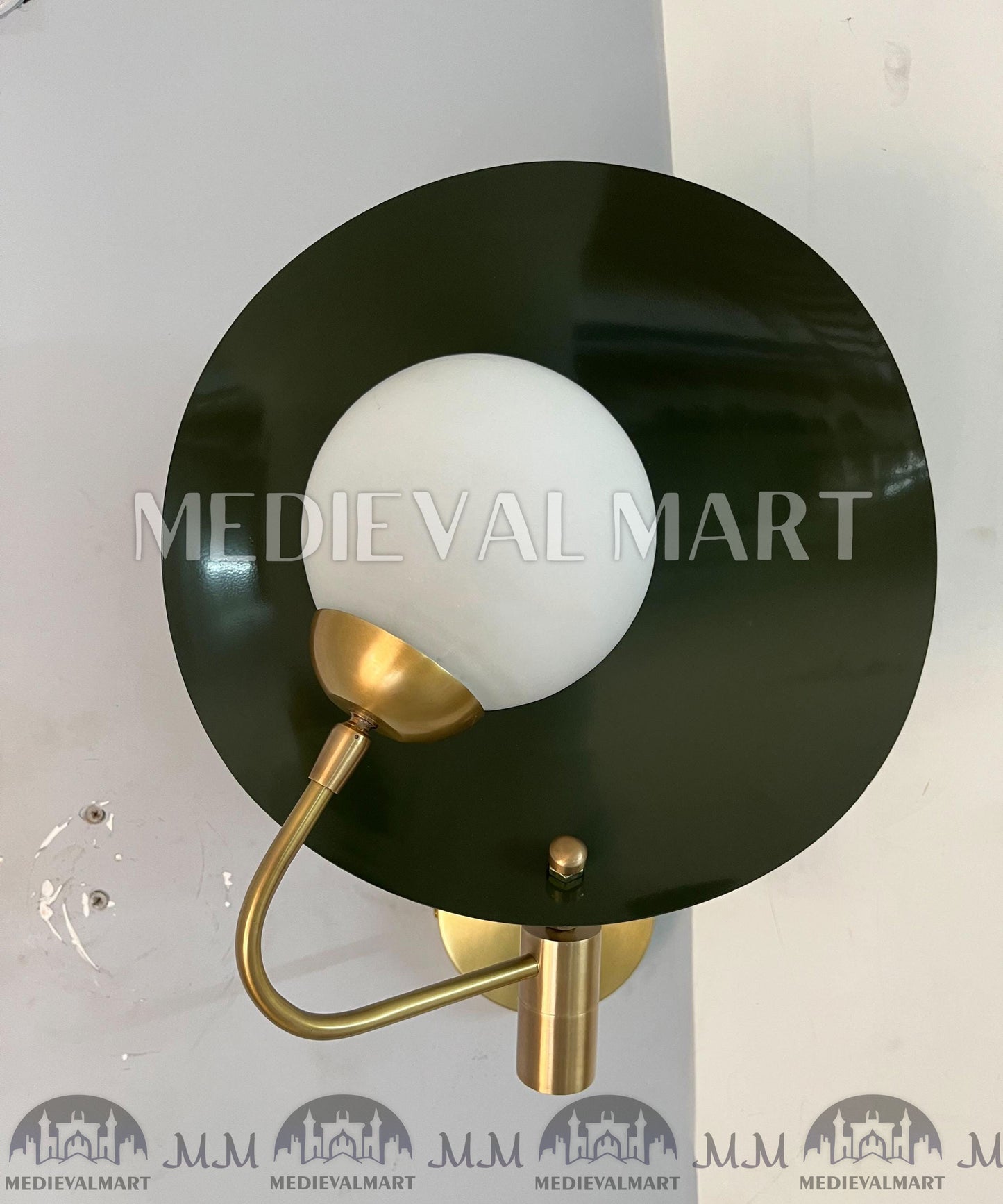 MEDIEVALMART Handmade Brass Wall Sconce: Mid-Century Modern Green Shade Lighting