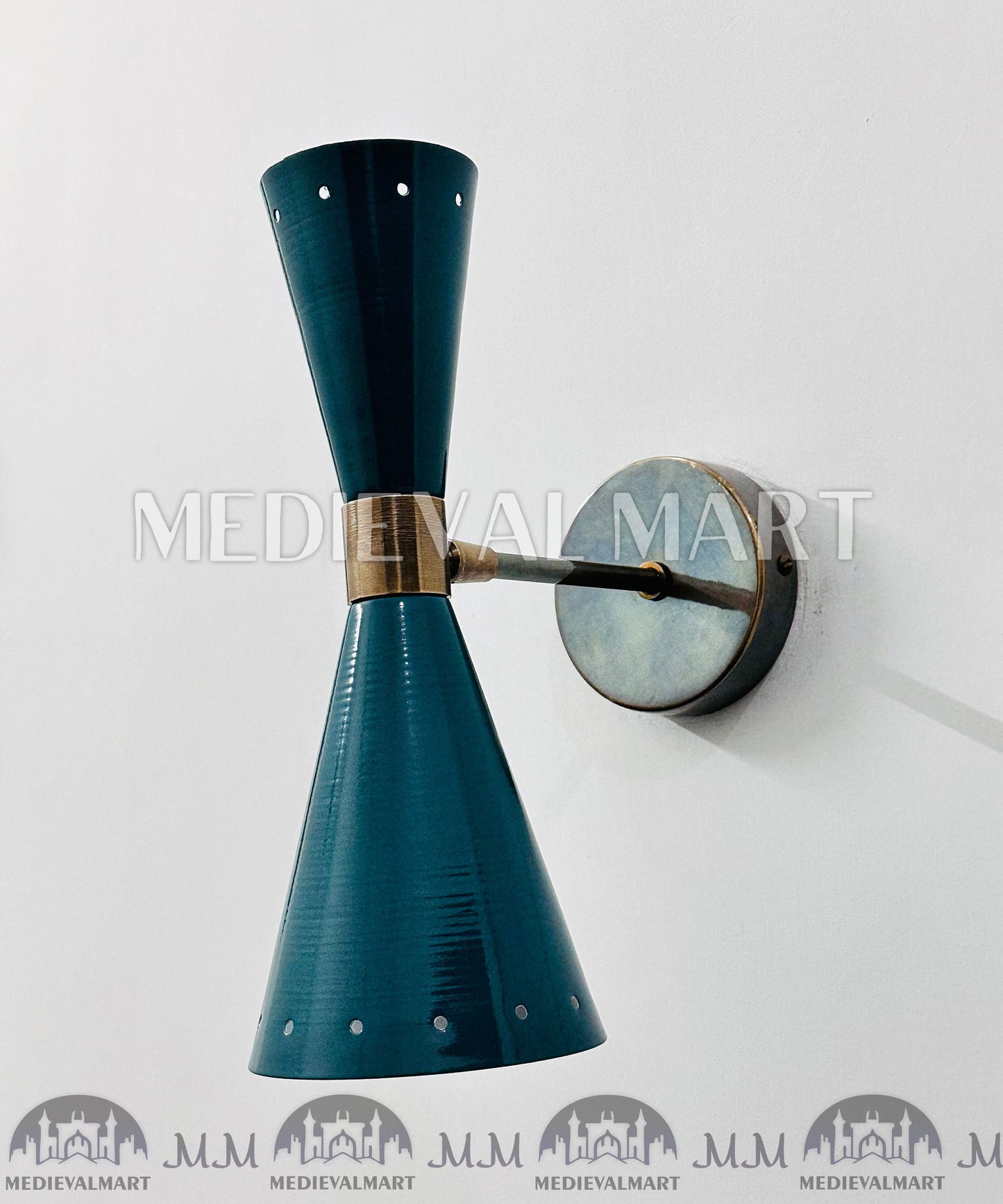 MEDIEVALMART Turquoise Brass Wall Sconce: Mid Century Italian Stilnovo Lighting