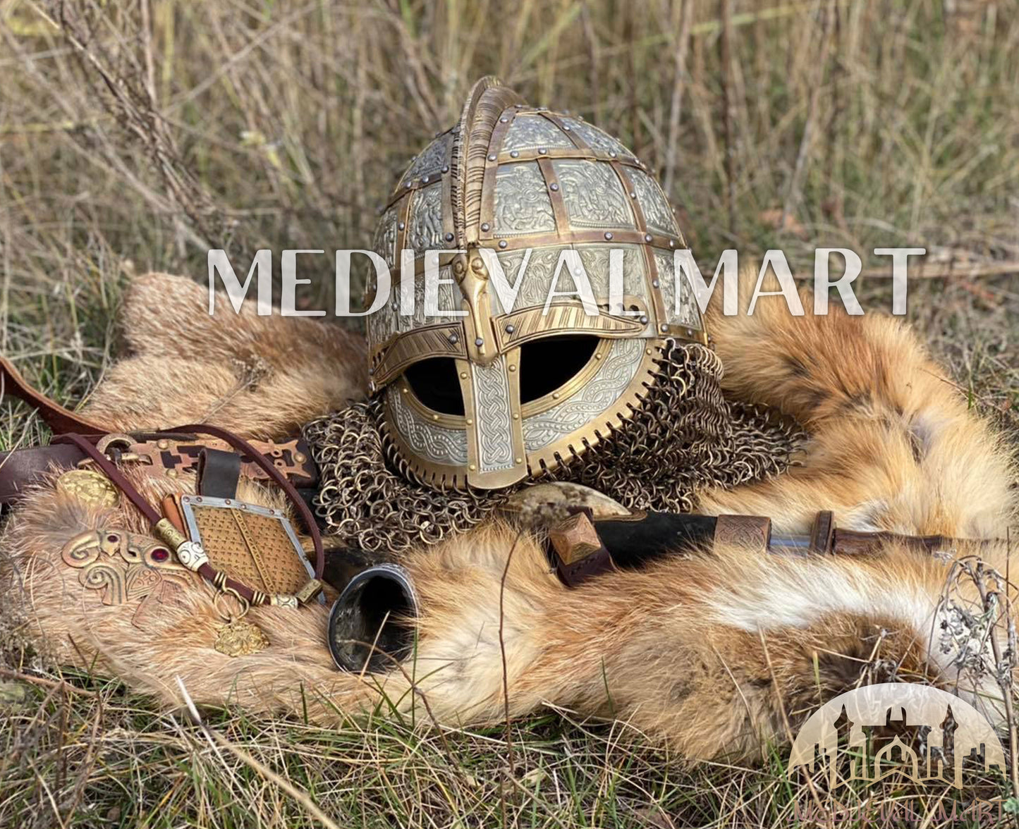 MEDIEVALMART Medieval Viking Vendel Period Broa Helmet with Bass Decoration & Titanium Chainmail