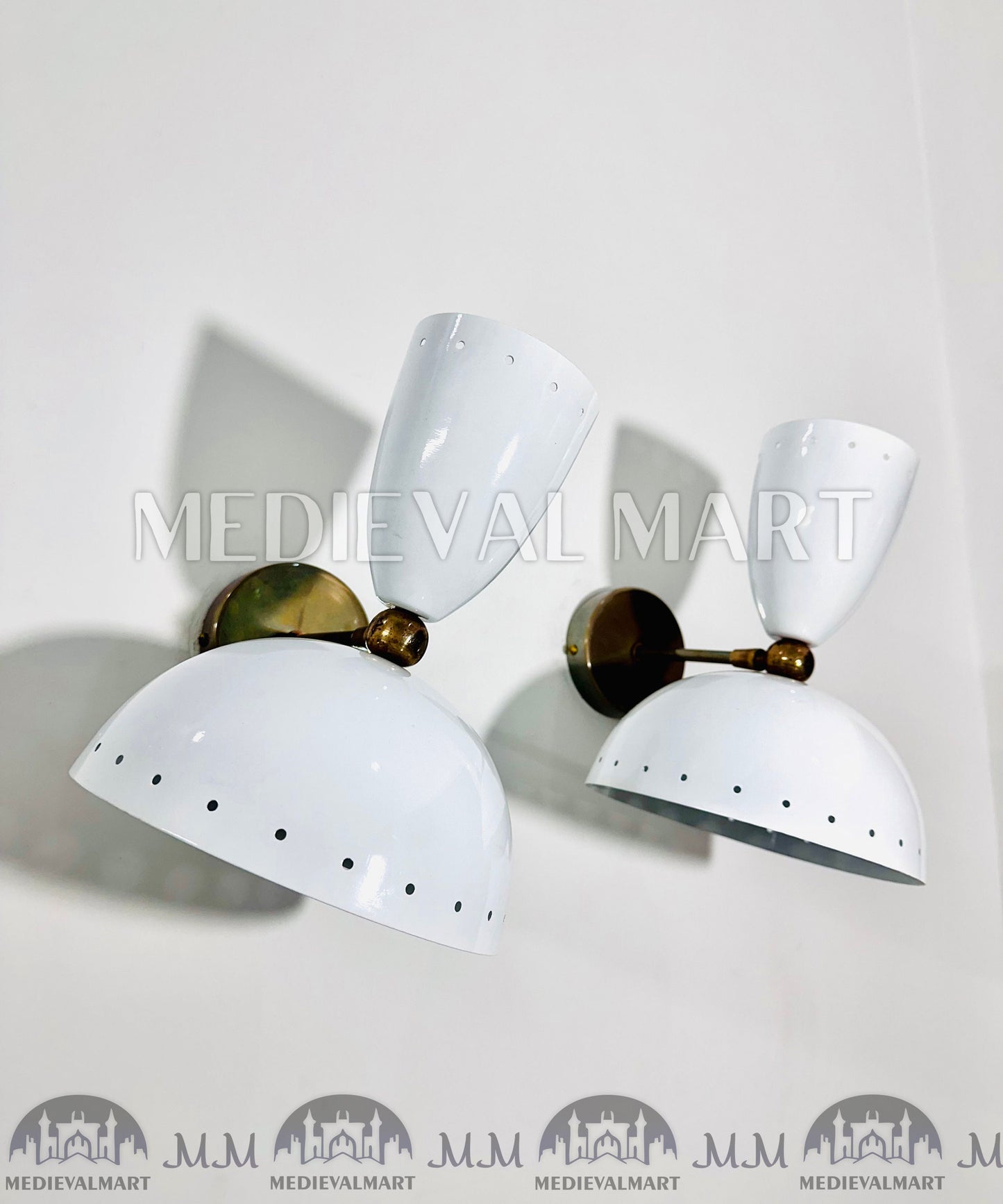 MEDIEVALMART Raw Brass Italian Mid Century Wall Sconces, White Bowl Lighting Pair