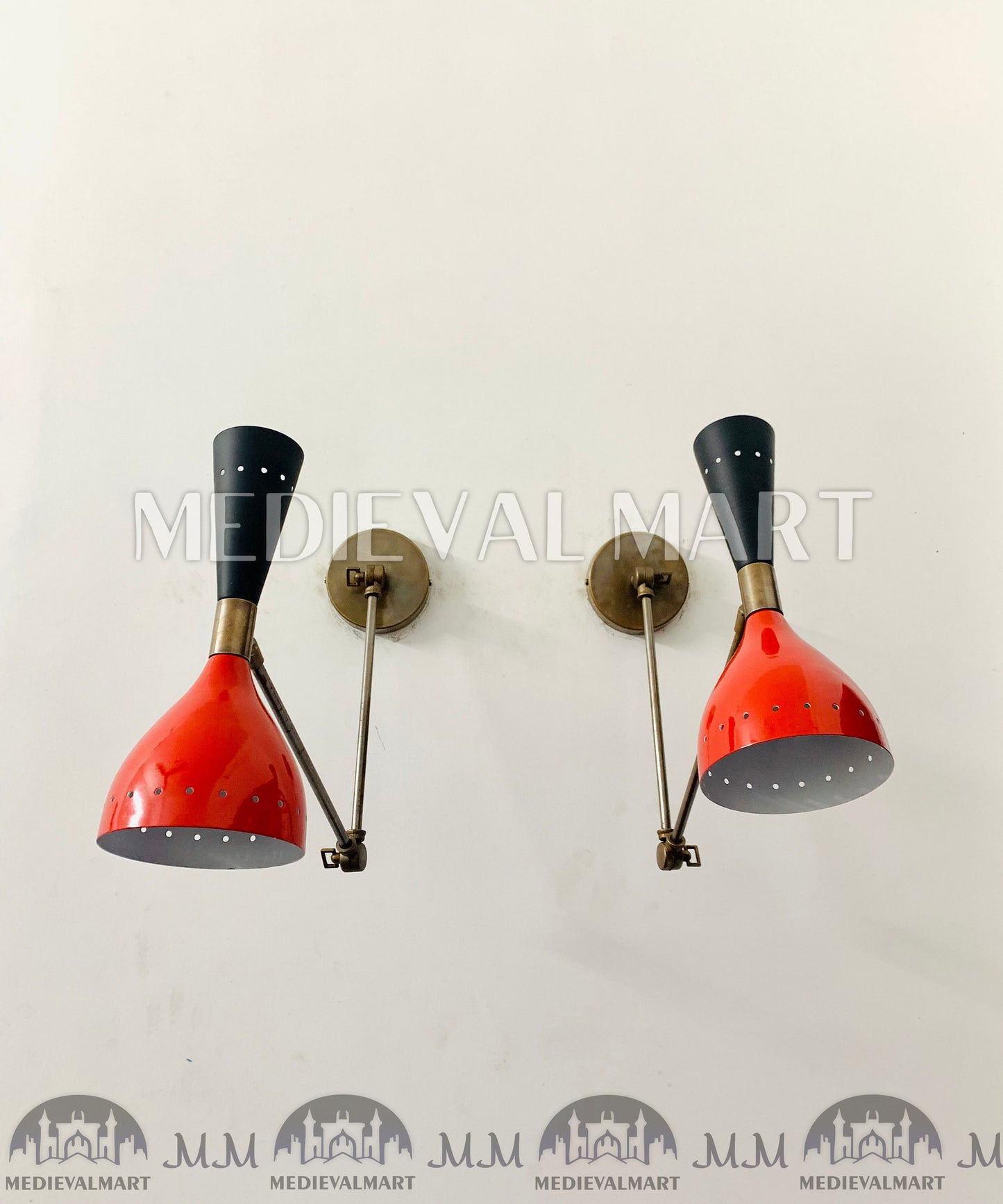 MEDIEVALMART Mid Century Italian Brass Wall Sconce Pair: Red & Black Stilnovo Light