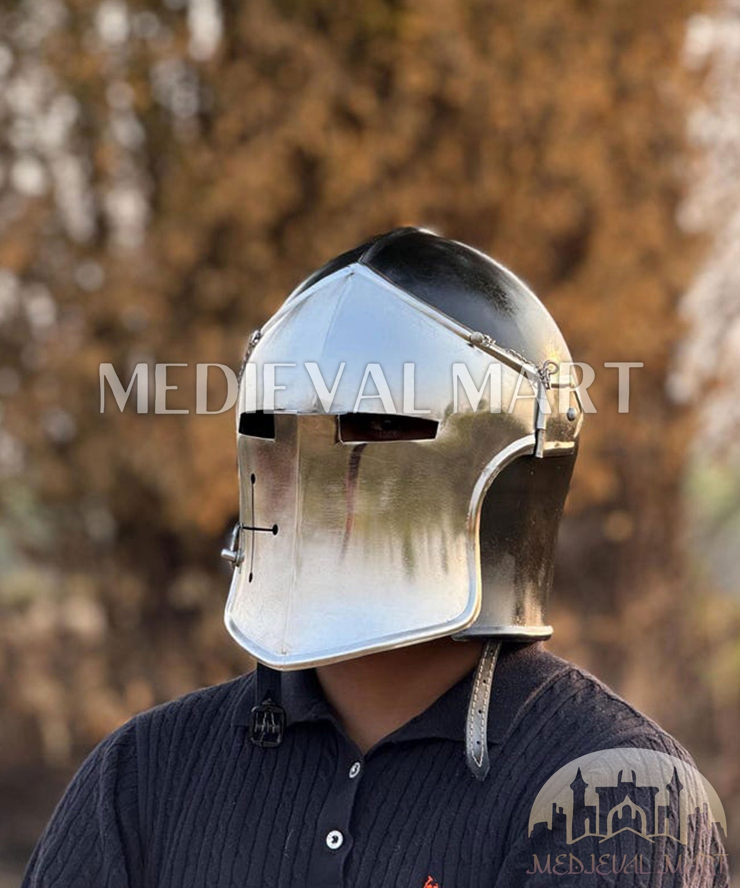 MEDIEVALMART Medieval Knight Armor 18g Mild Steel Black Barbuta Helmet for LARP or Cosplay - Gift For Dad