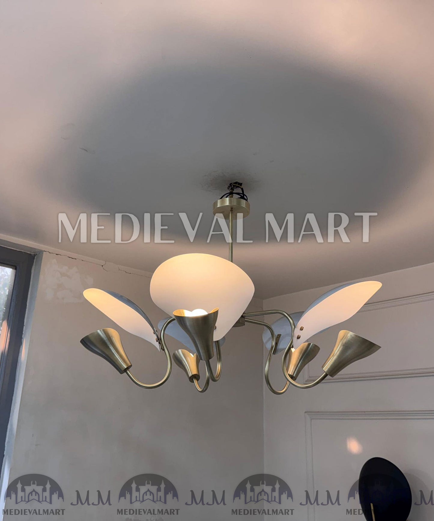 MEDIEVALMART Handmade Brass 5-Arm Chandelier | Mid-Century Modern Light Fixture