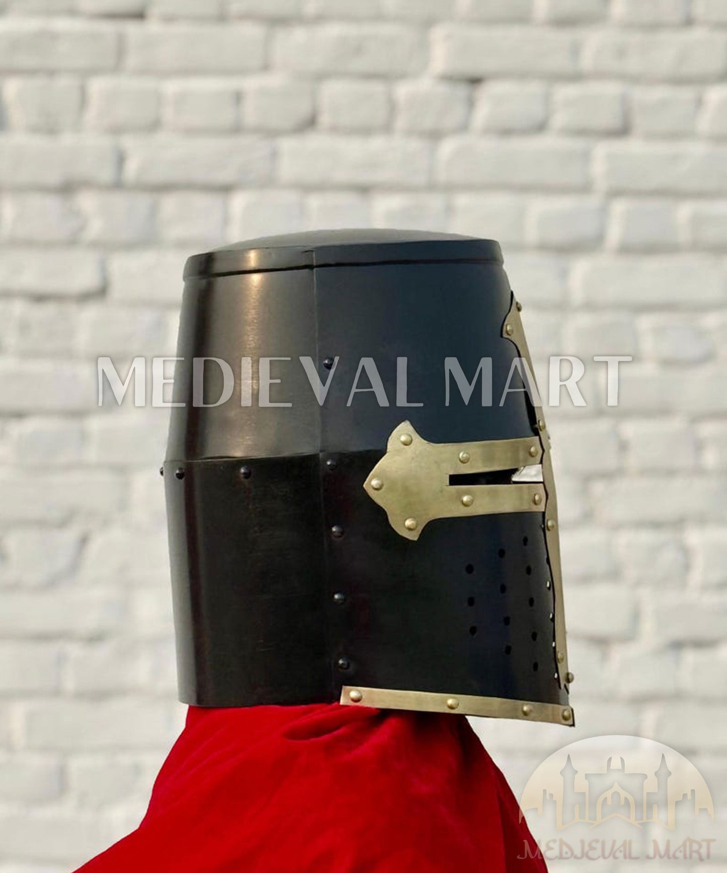 MEDIEVALMART Medieval Black Knight Templar Crusader  Knight Helmet W/H Brass Deco for LARP or Cosplay - Gift For Dad