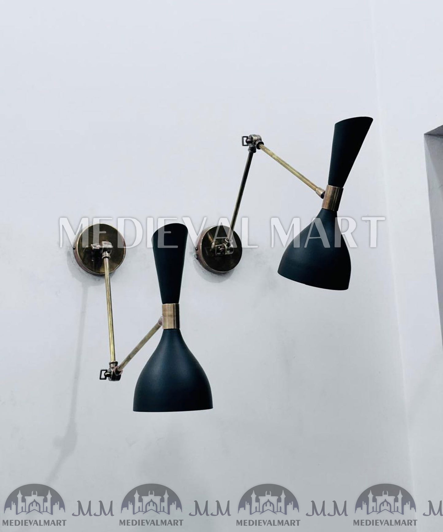 MEDIEVALMART Mid Century Italian Brass Wall Sconce Pair Adjustable Stilnovo Lighting