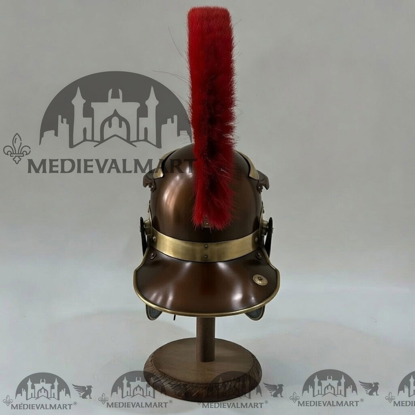 MEDIEVALMART Gallic Roman Centurion Brown Finish Helmet Replica Red Plume with Free Stand