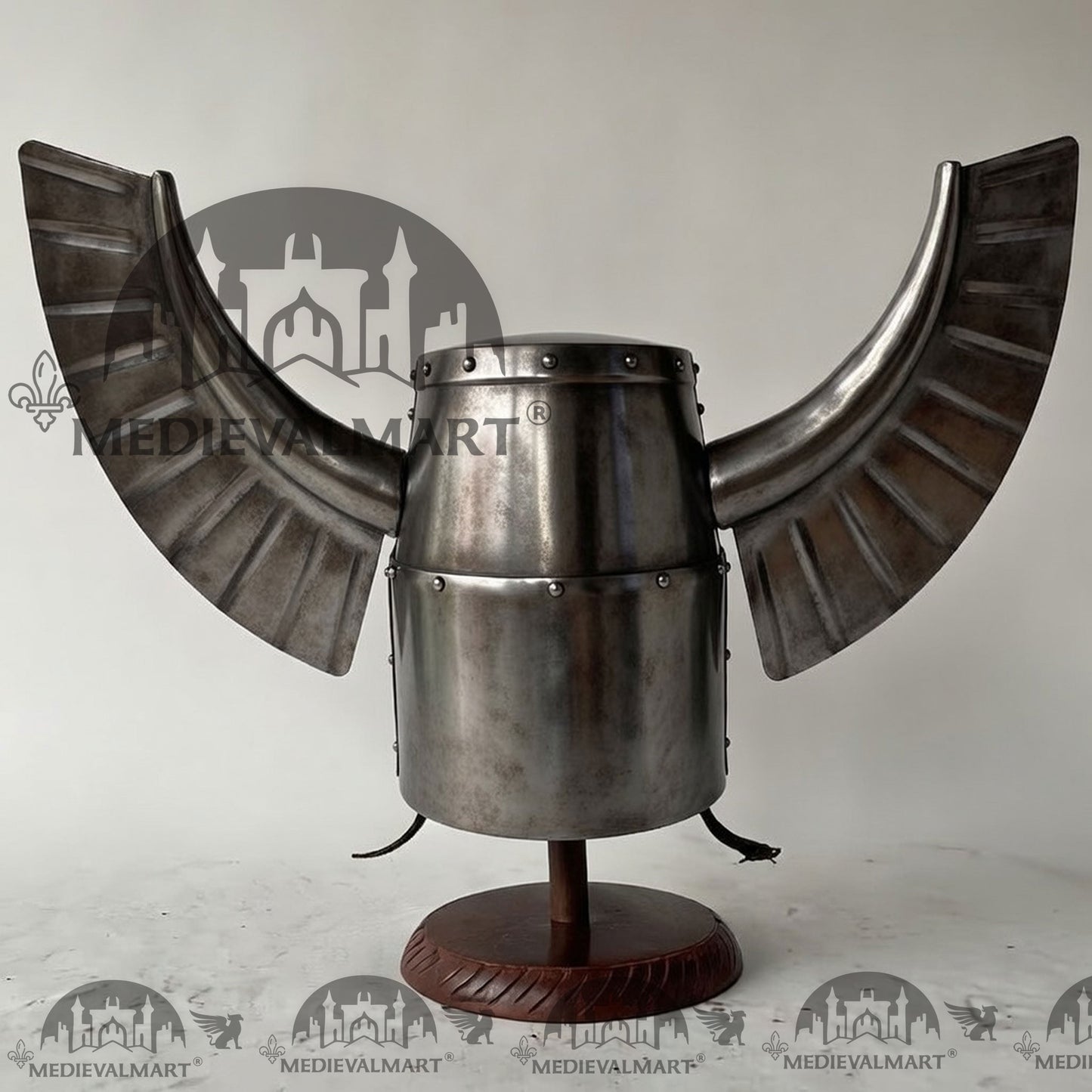 MEDIEVALMART Medieval Templar Warrior Teutonic Antique Silver Finish Wing Helmet with Free Stand