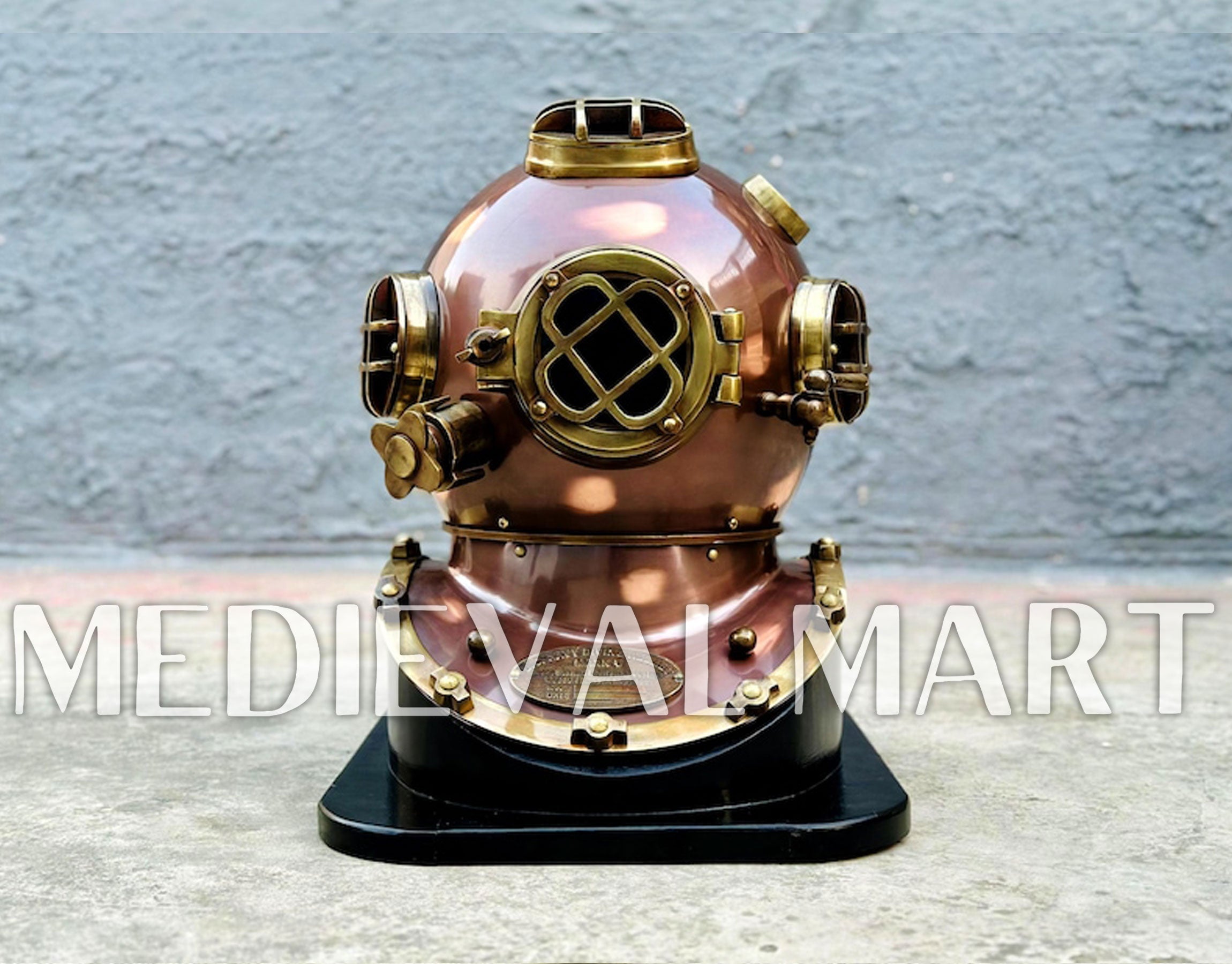MEDIEVALMART Nautical Brown Finish Diving Helmet With Wooden Base