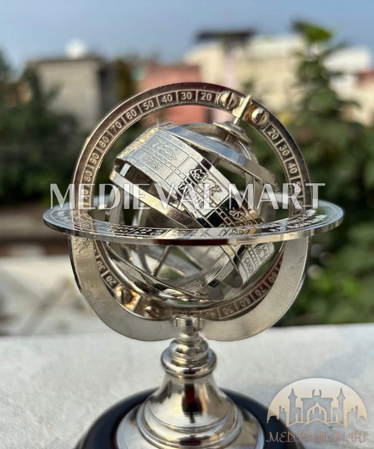 MEDIEVALMART Handmade Nickel Brass Celestial Globe: Zodiac Armillary Sphere on Wood Base Gift for Mom