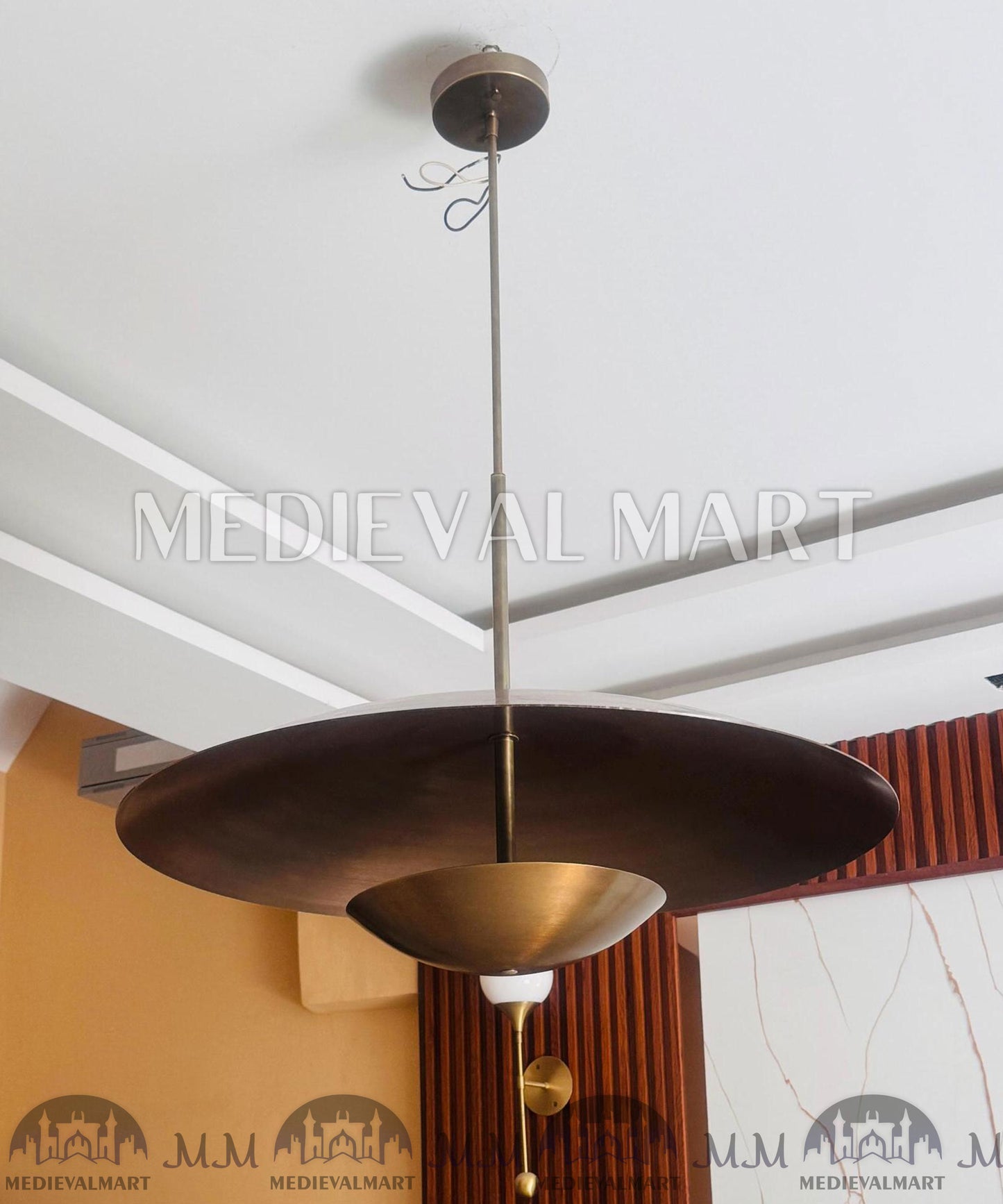 MEDIEVALMART Mid Century Modern Brass Chandelier, Handmade 3-Light Pendant