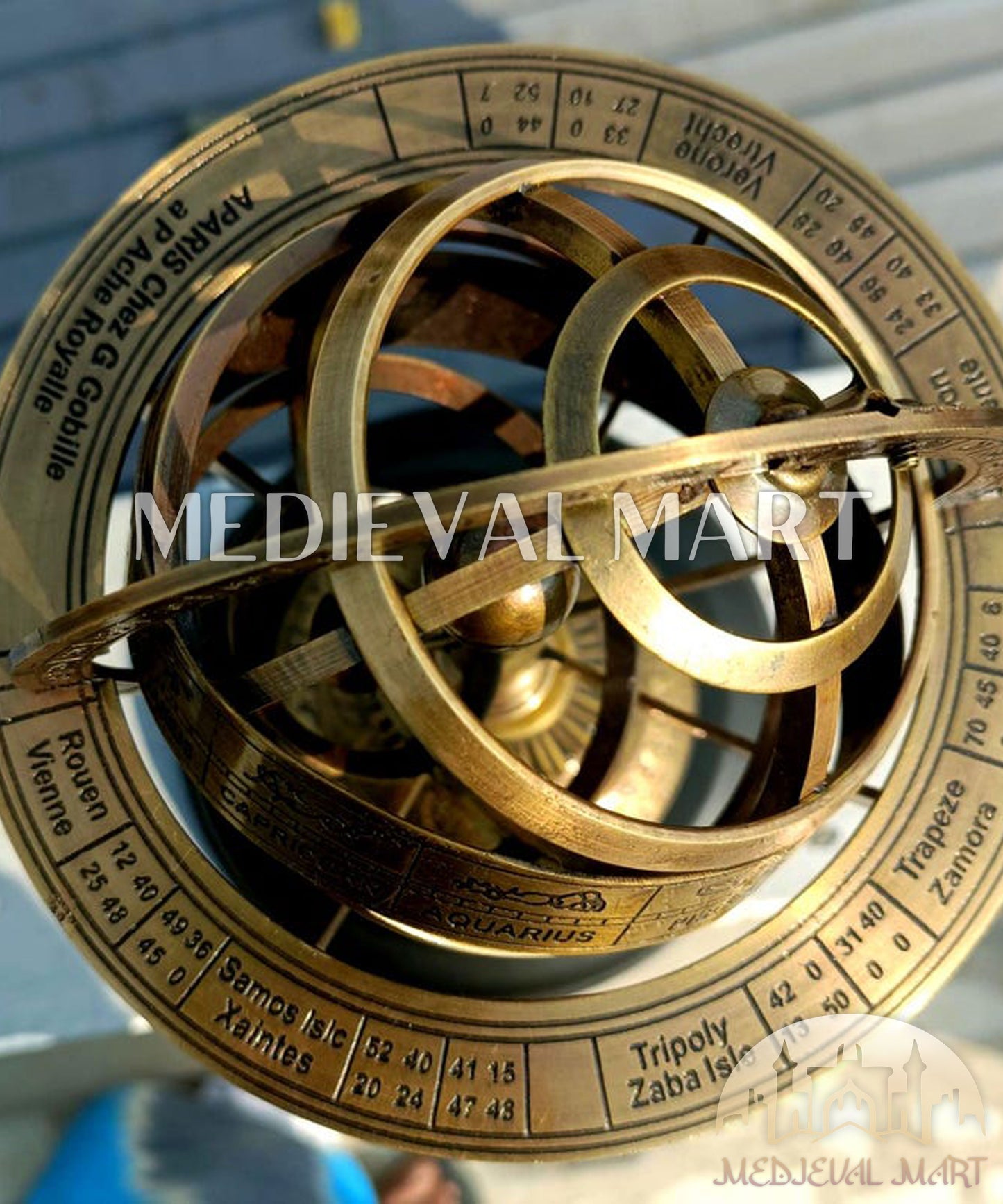 MEDIEVALMART Handmade Brass Armillary Globe Engraved Zodiac Astrolabe on Wooden Base Gift For Christmas Day
